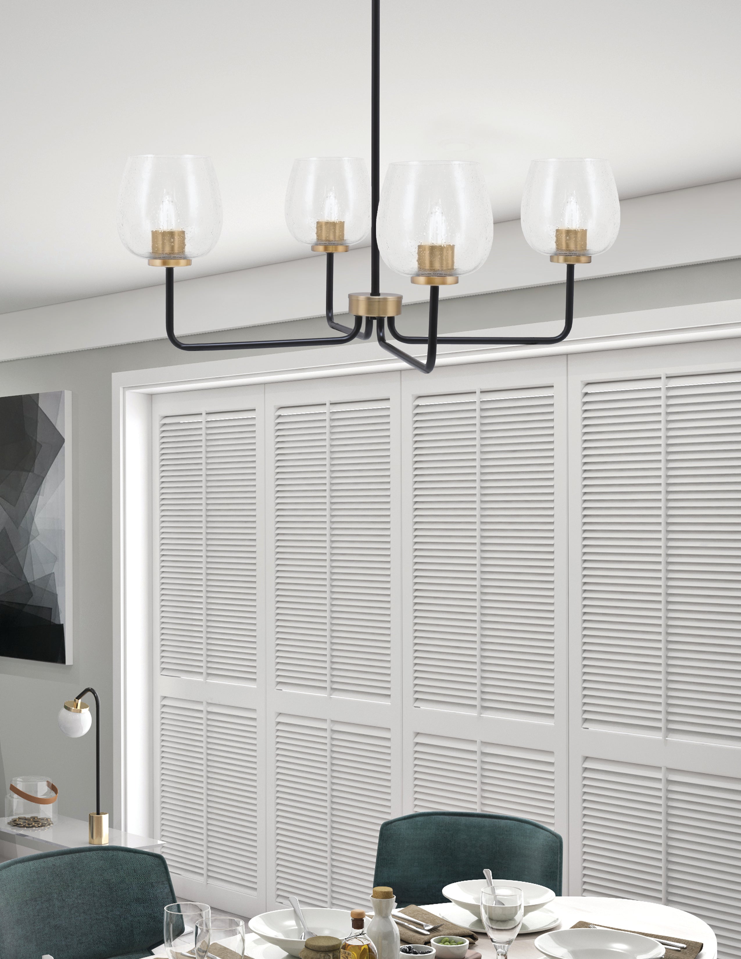 Sandia Four Light Chandelier in Matte Black & New Age Brass with Clear Bubble Shade