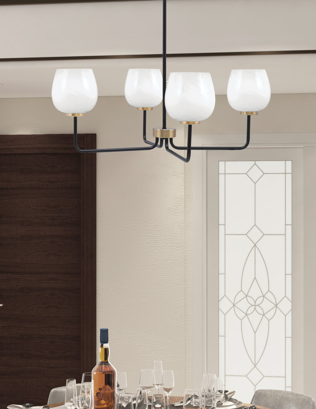 Sandia Four Light Chandelier in Matte Black & New Age Brass with White Marble Shade