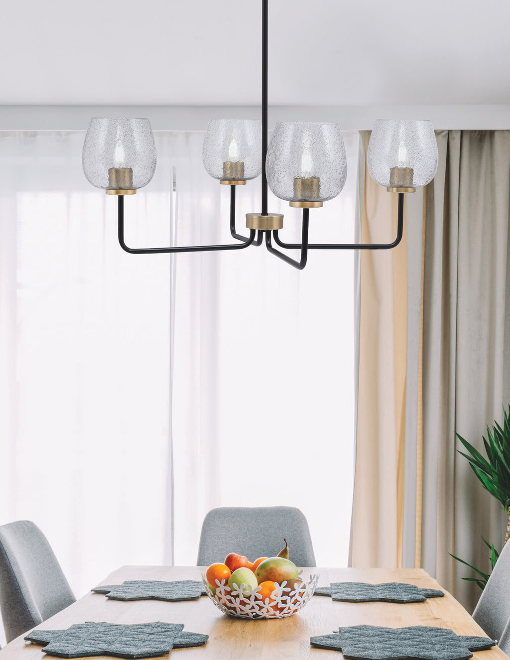 Sandia Four Light Chandelier in Matte Black & New Age Brass with Smoke Bubble Shade