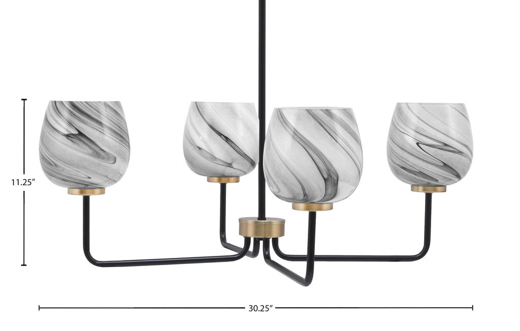 Sandia Four Light Chandelier in Matte Black & New Age Brass with Onyx Swirl Shade
