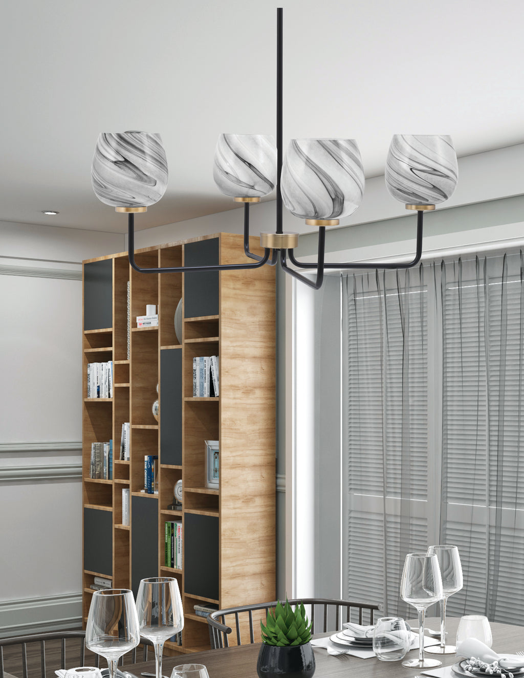 Sandia Four Light Chandelier in Matte Black & New Age Brass with Onyx Swirl Shade