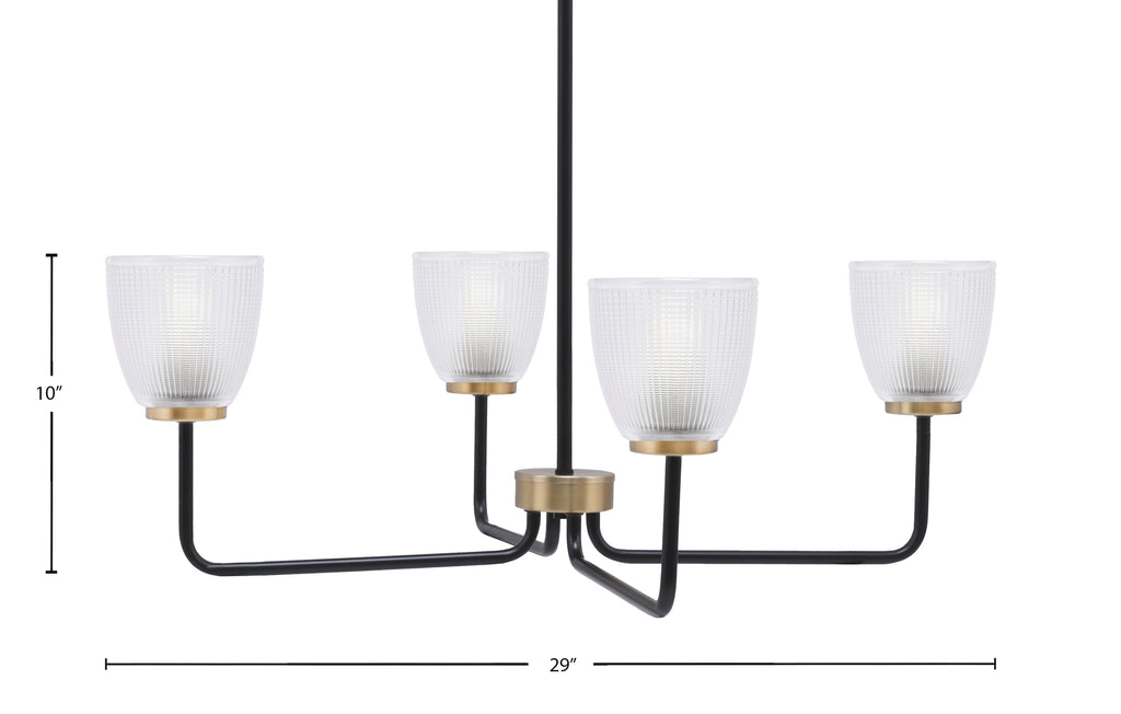 Sandia Four Light Chandelier in Matte Black & New Age Brass with Clear Ribbed Shade