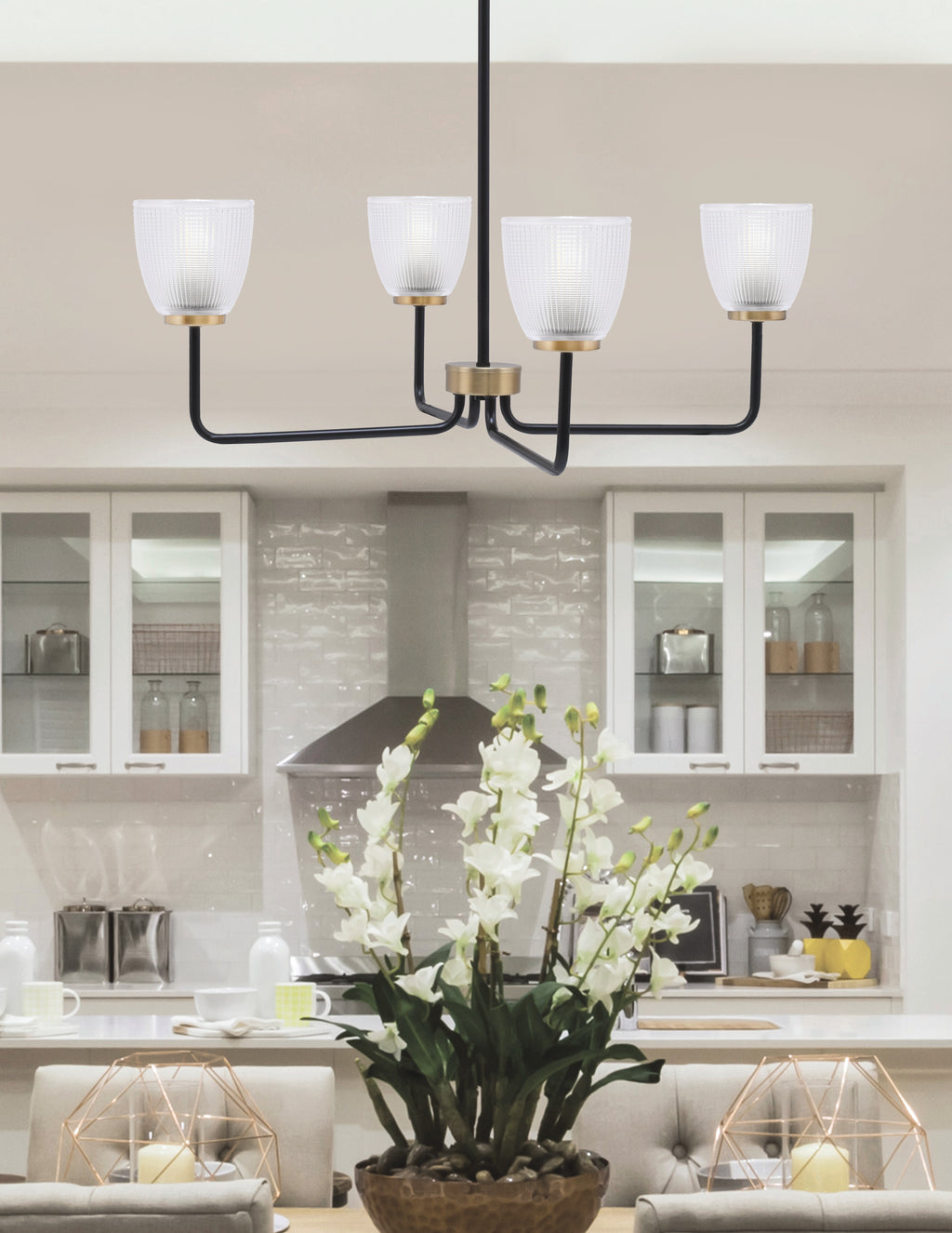 Sandia Four Light Chandelier in Matte Black & New Age Brass with Clear Ribbed Shade
