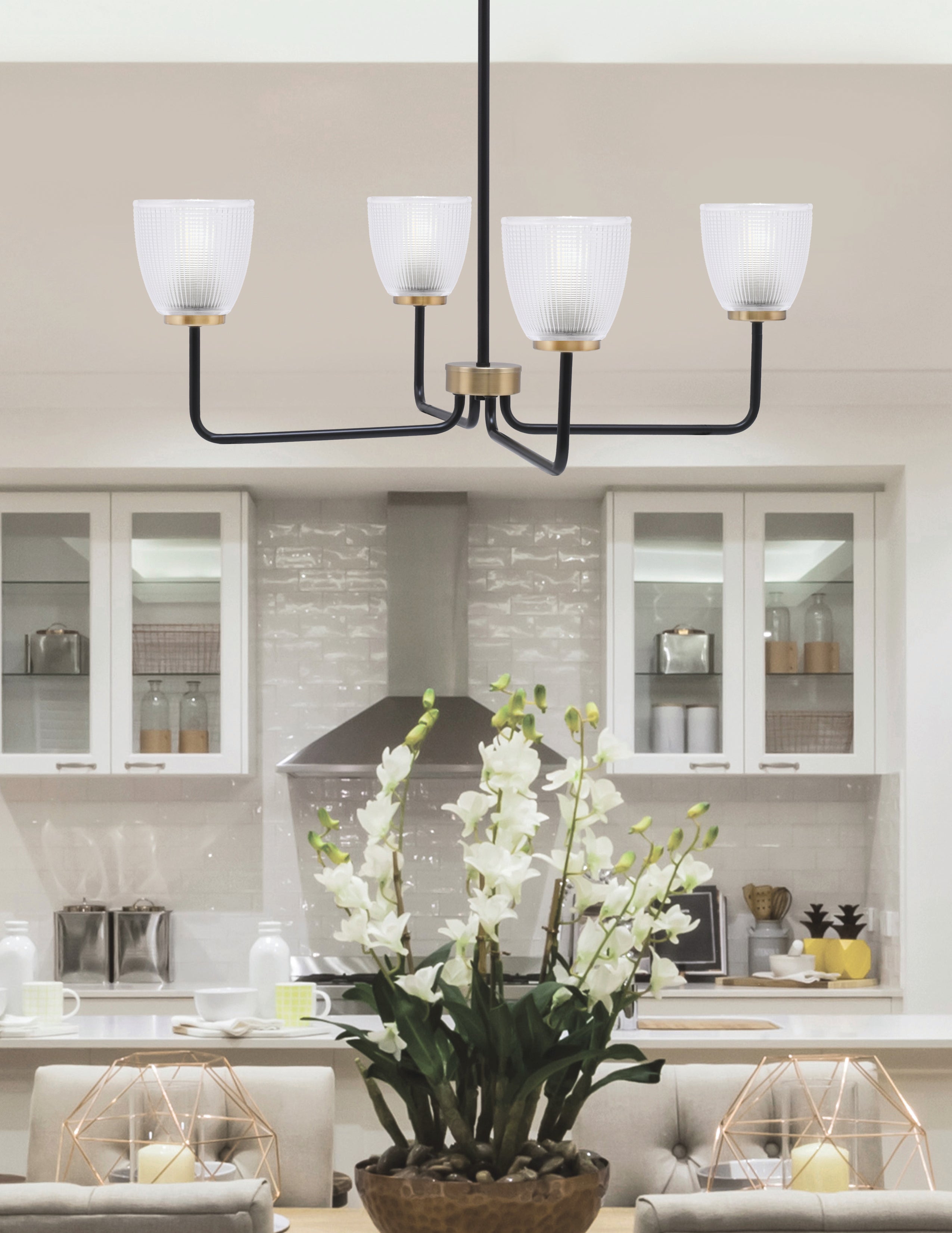 Sandia Four Light Chandelier in Matte Black & New Age Brass with Clear Ribbed Shade
