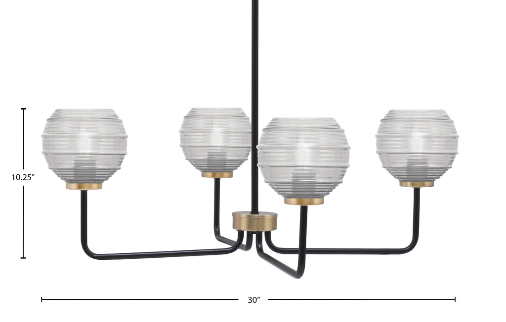 Sandia Four Light Chandelier in Matte Black & New Age Brass with Clear Ribbed Shade