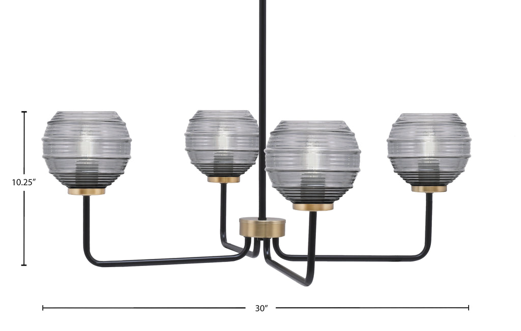 Sandia Four Light Chandelier in Matte Black & New Age Brass with Smoke Ribbed Shade