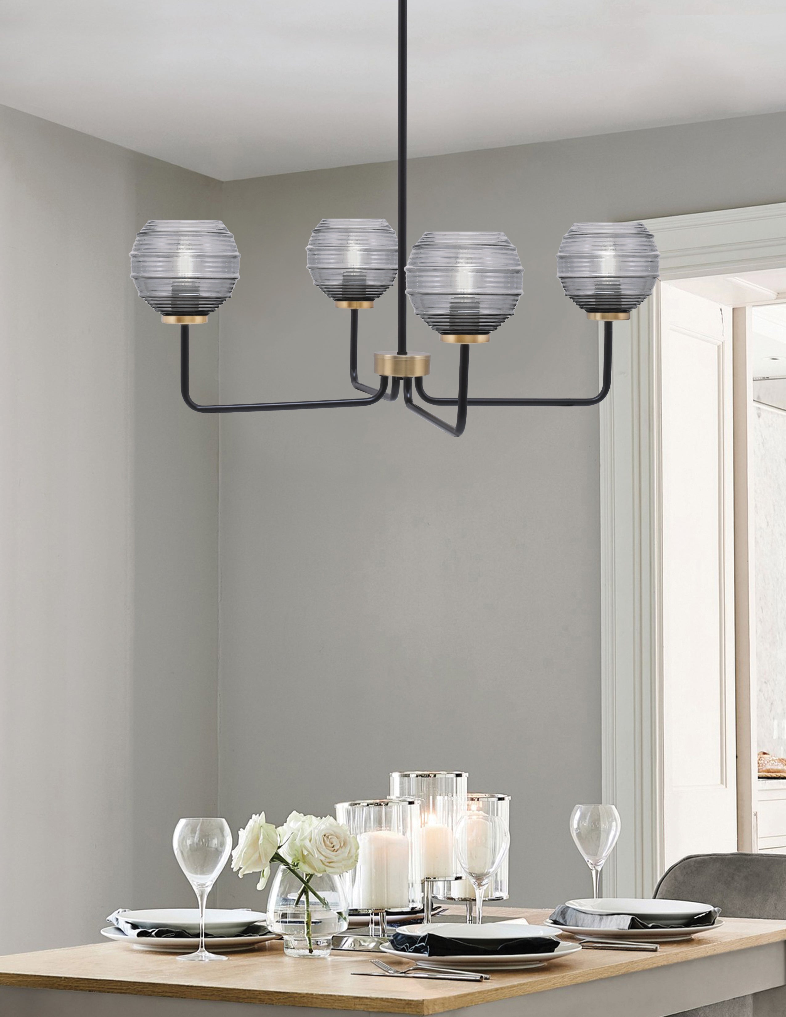 Sandia Four Light Chandelier in Matte Black & New Age Brass with Smoke Ribbed Shade