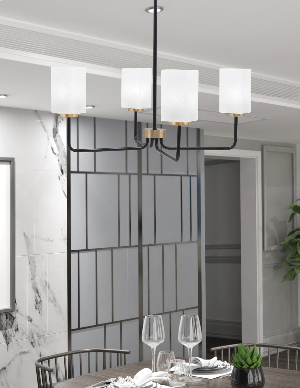 Sandia Four Light Chandelier in Matte Black & New Age Brass with White Marble Shade