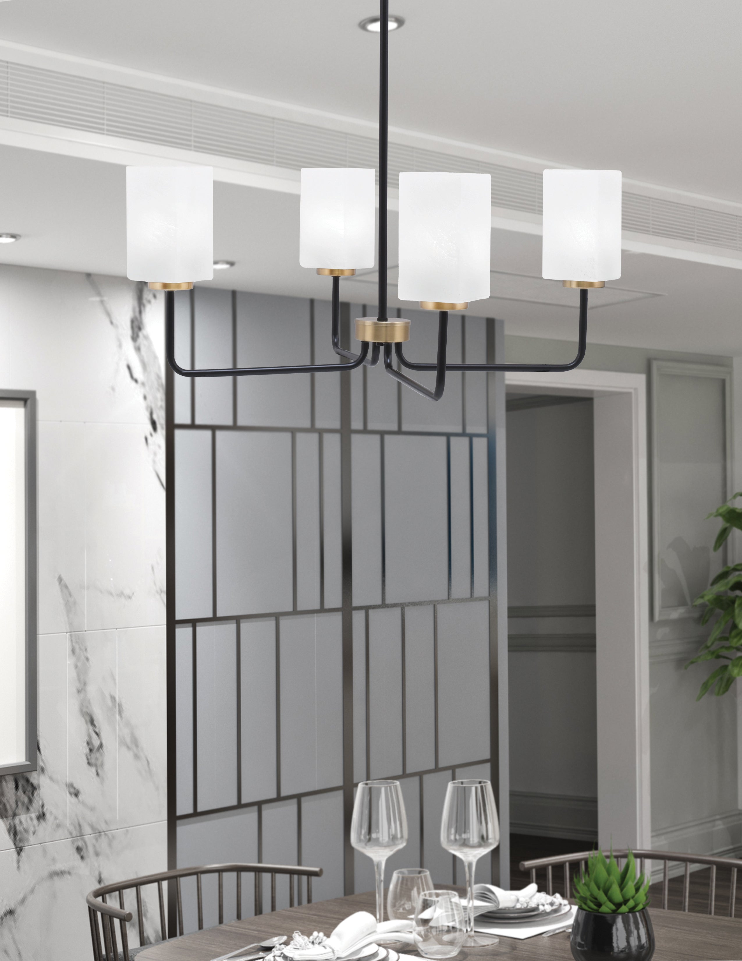Sandia Four Light Chandelier in Matte Black & New Age Brass with White Marble Shade