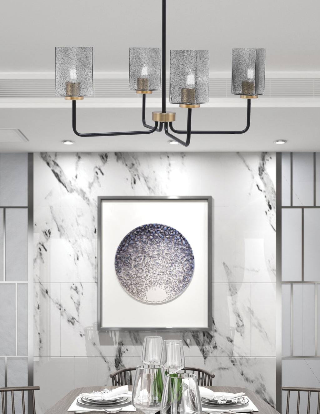 Sandia Four Light Chandelier in Matte Black & New Age Brass with Smoke Bubble Shade