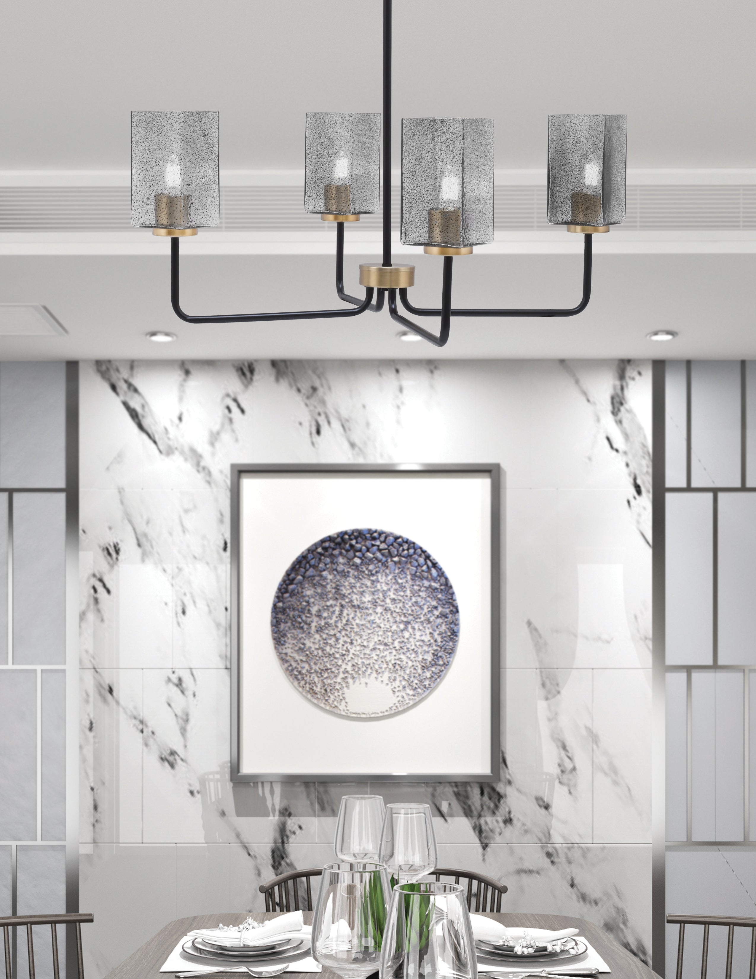 Sandia Four Light Chandelier in Matte Black & New Age Brass with Smoke Bubble Shade