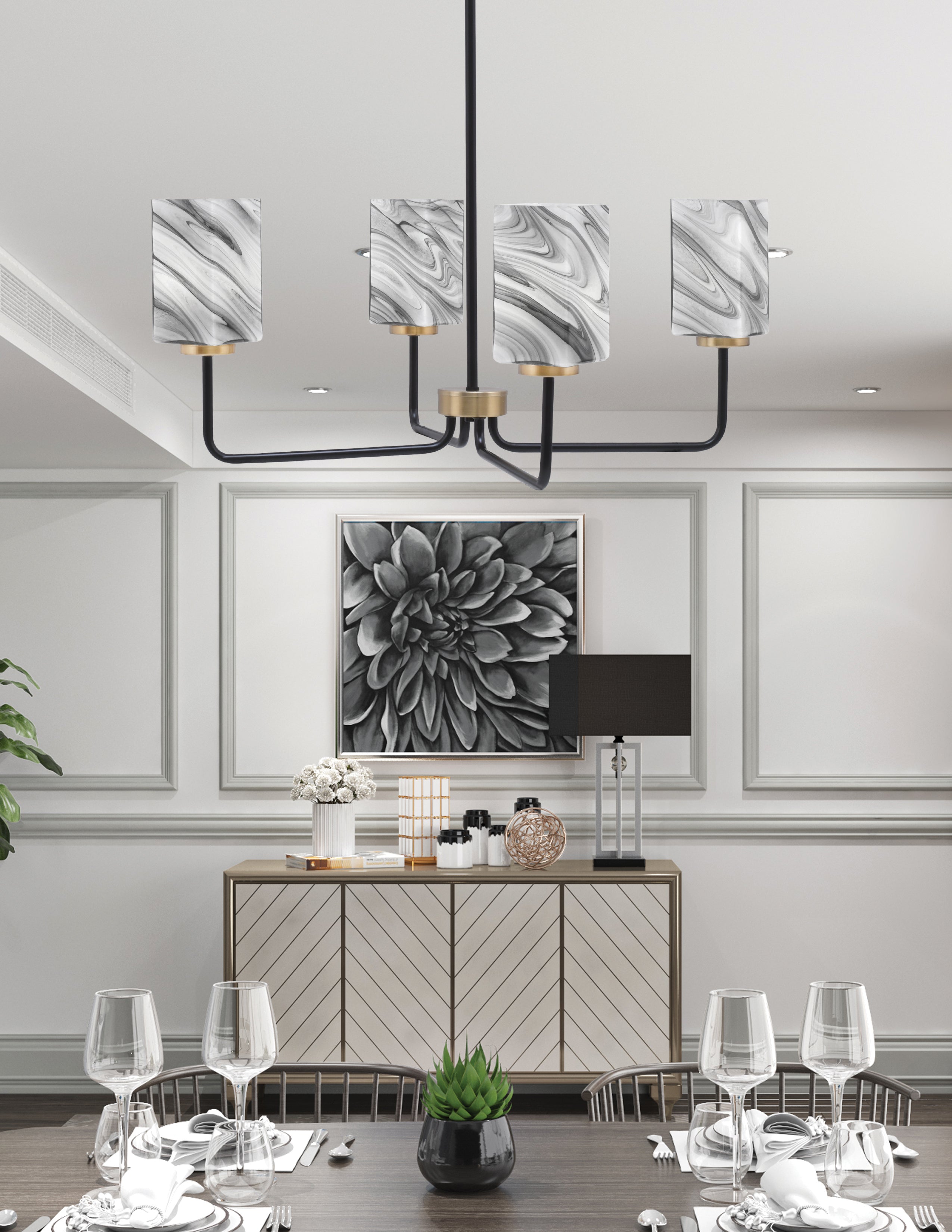 Sandia Four Light Chandelier in Matte Black & New Age Brass with Onyx Swirl Shade