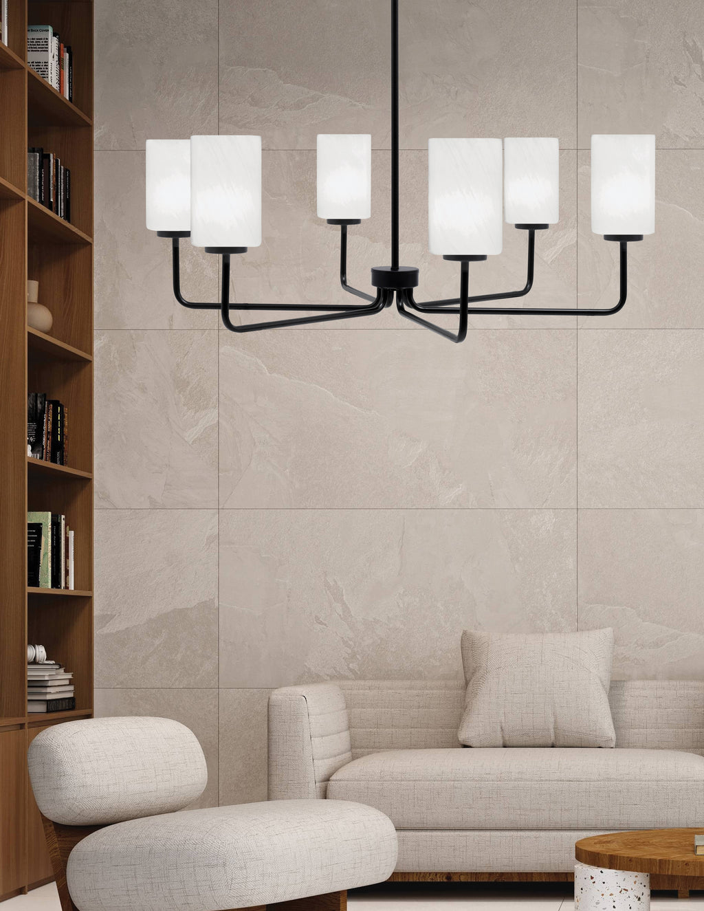 Sandia Six Light Chandelier in Matte Black with White Marble Shade