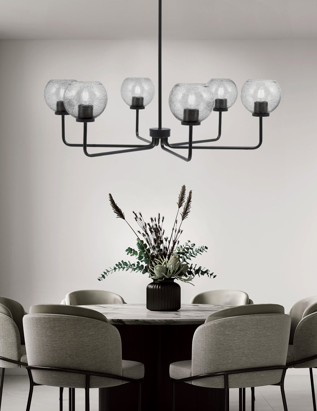 Sandia Six Light Chandelier in Matte Black with Smoke Bubble Shade