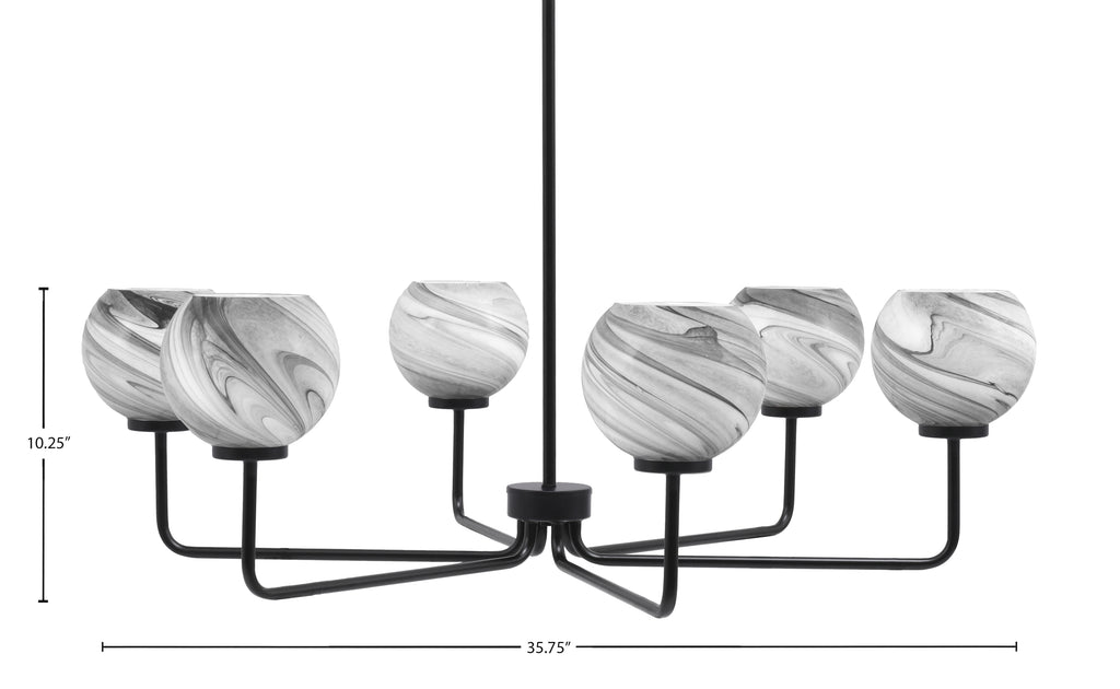 Sandia Six Light Chandelier in Matte Black with Onyx Swirl Shade