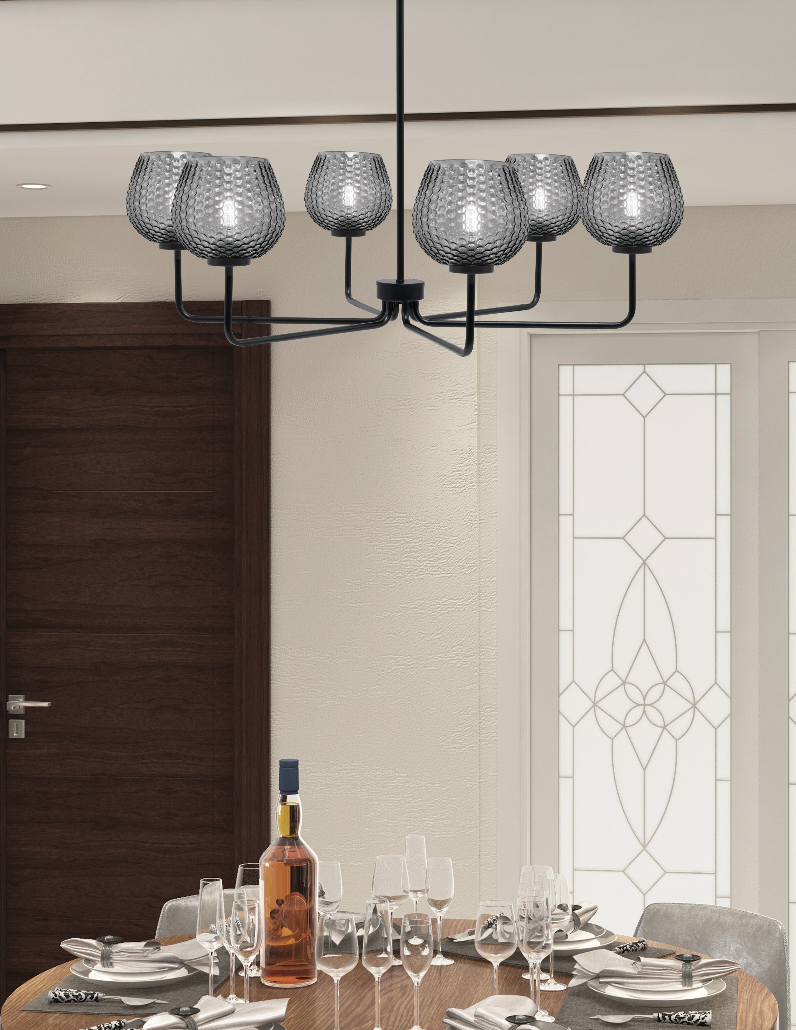 Sandia Six Light Chandelier in Matte Black with Smoke Textured Shade