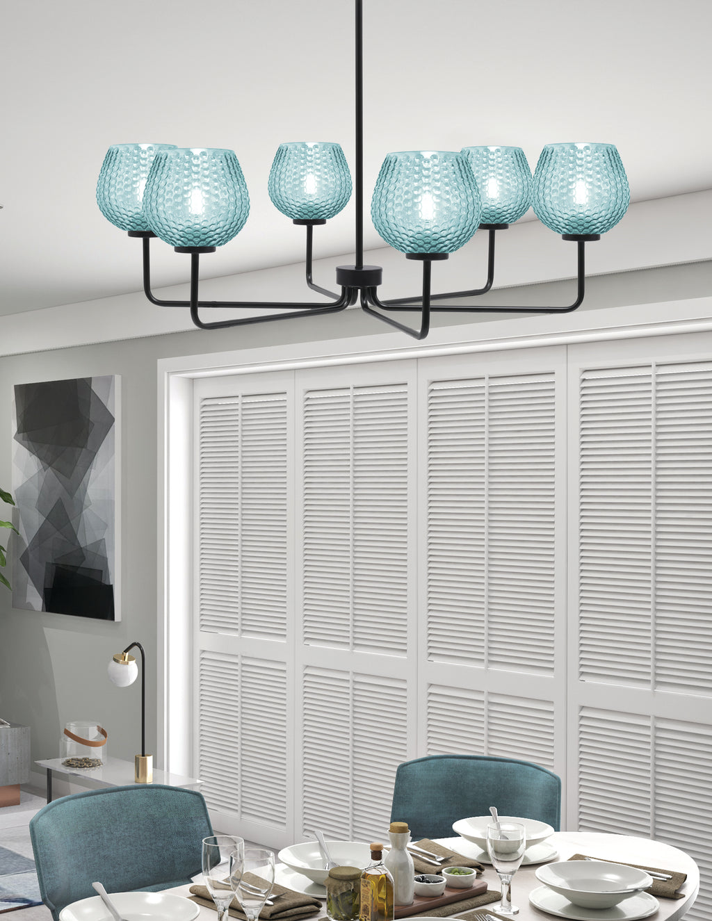 Sandia Six Light Chandelier in Matte Black with Turquoise Textured Shade