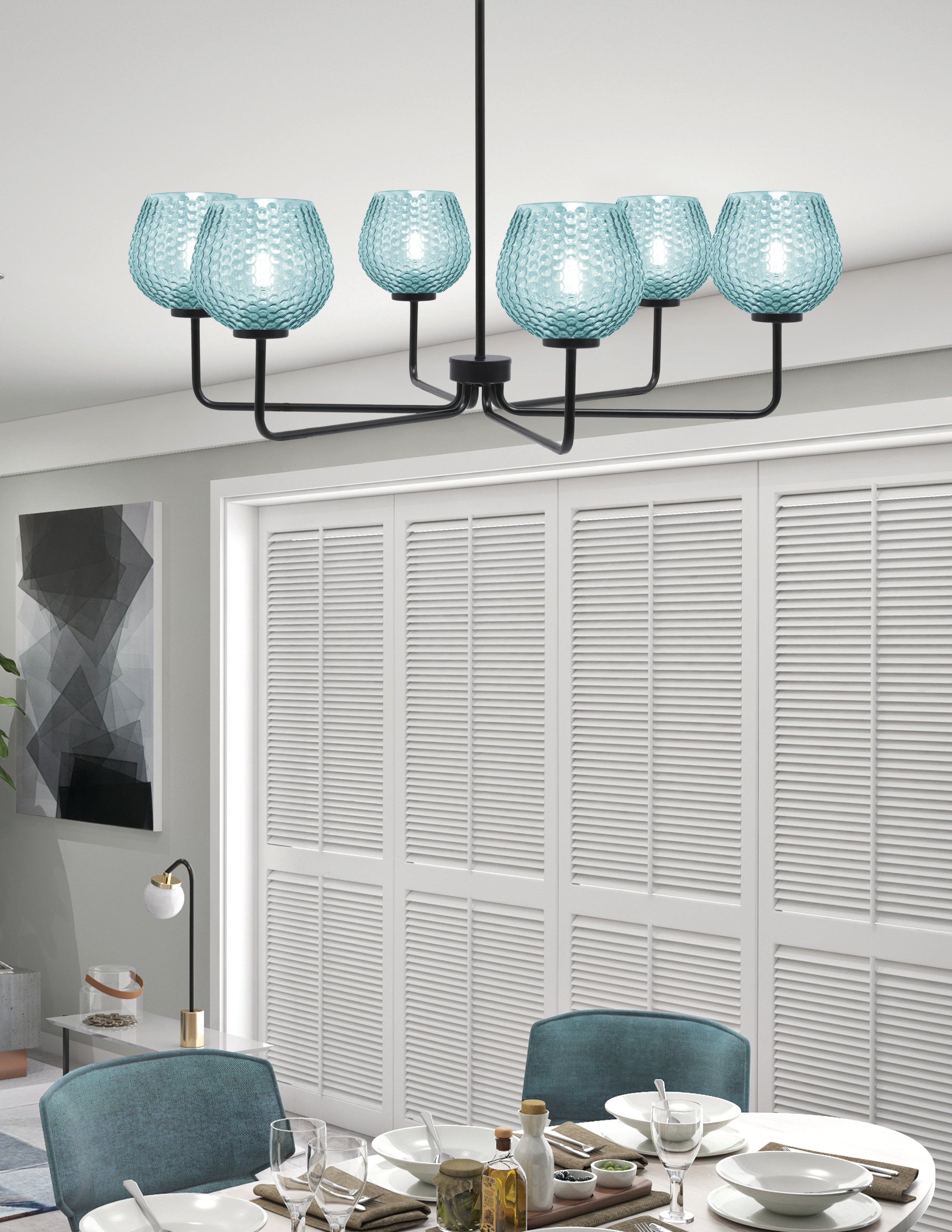 Sandia Six Light Chandelier in Matte Black with Turquoise Textured Shade