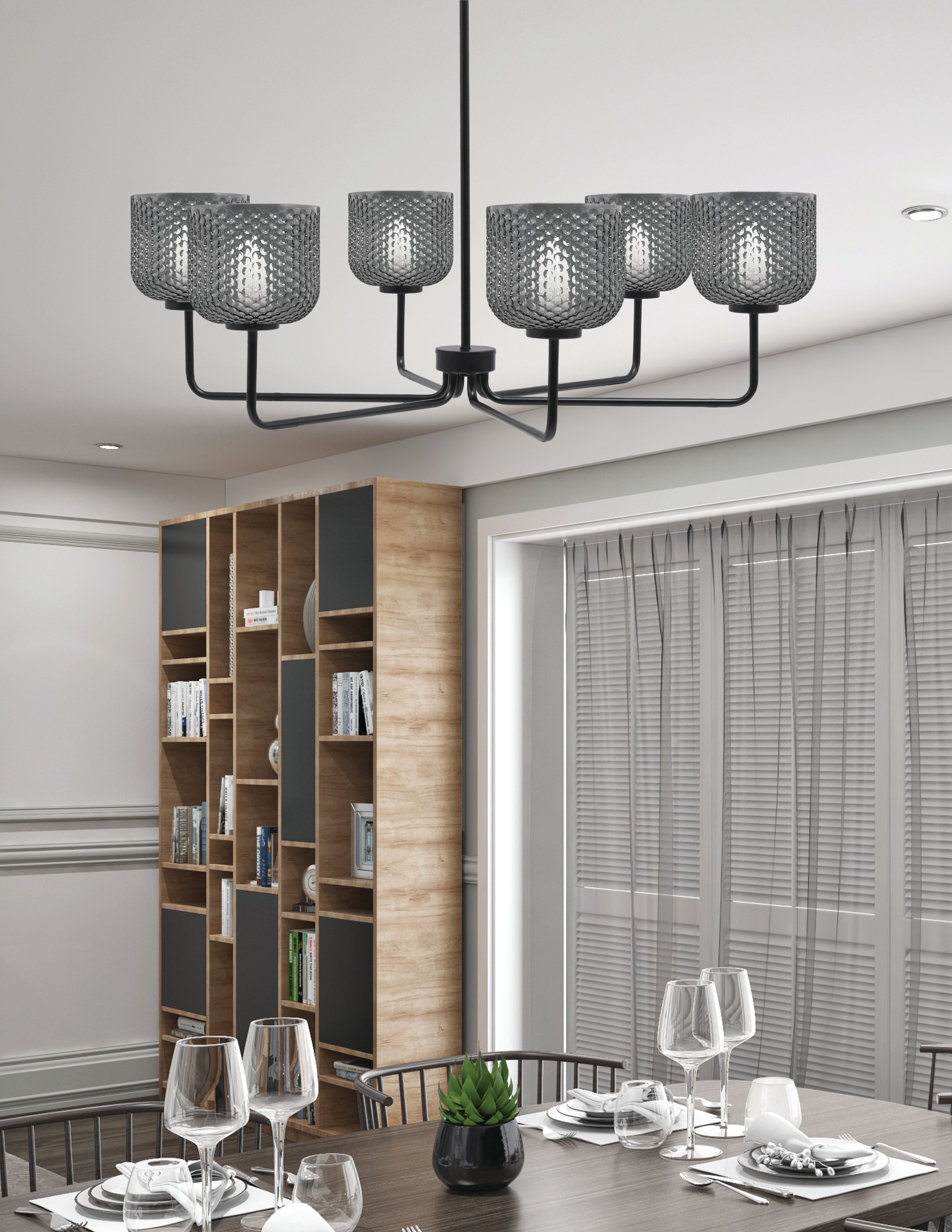 Sandia Six Light Chandelier in Matte Black with Smoke Textured Shade