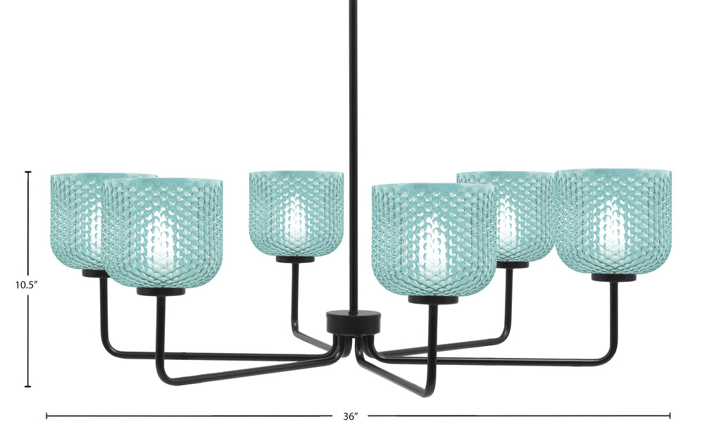Sandia Six Light Chandelier in Matte Black with Turquoise Textured Shade