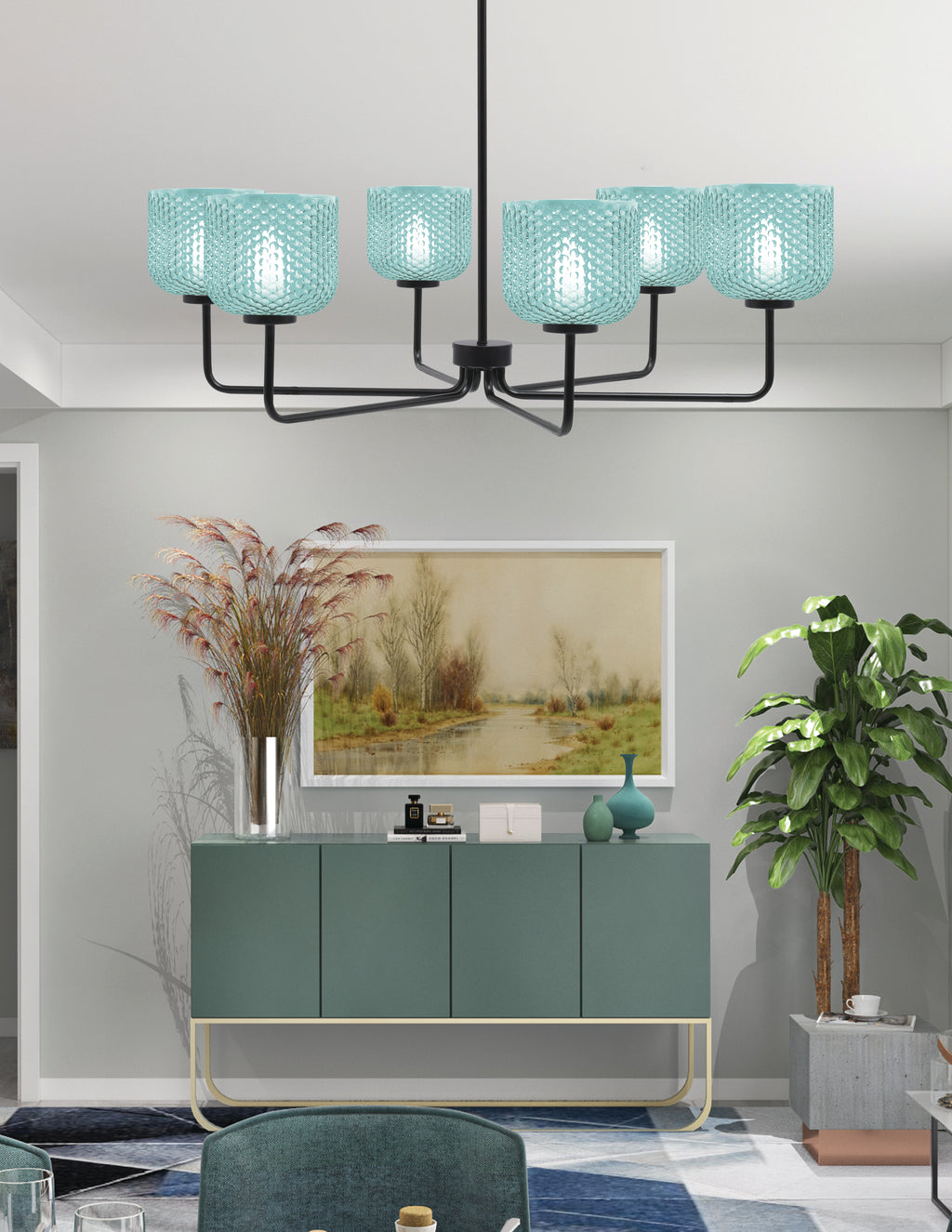 Sandia Six Light Chandelier in Matte Black with Turquoise Textured Shade