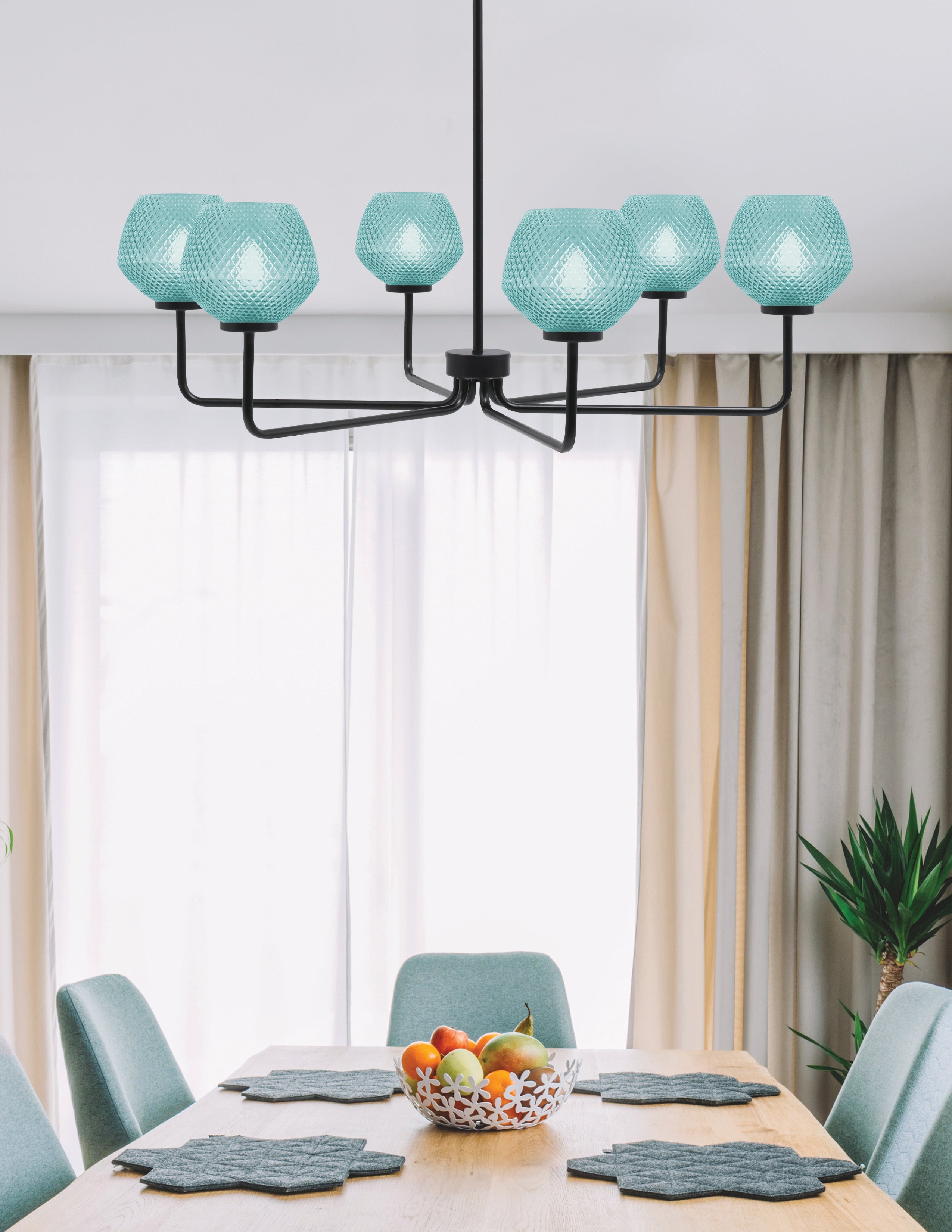 Sandia Six Light Chandelier in Matte Black with Turquoise Textured Shade