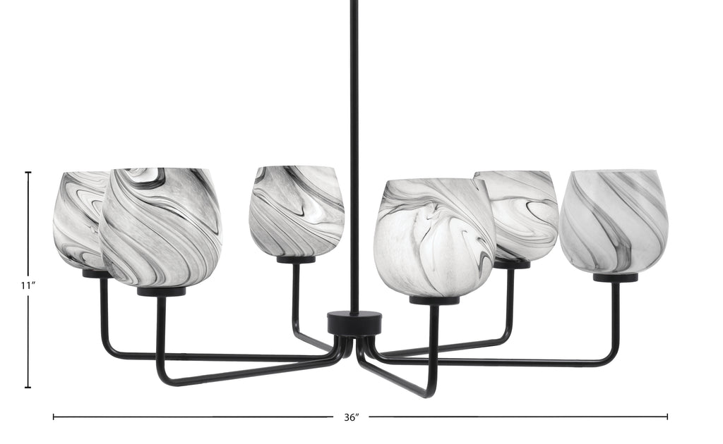 Sandia Six Light Chandelier in Matte Black with Onyx Swirl Shade