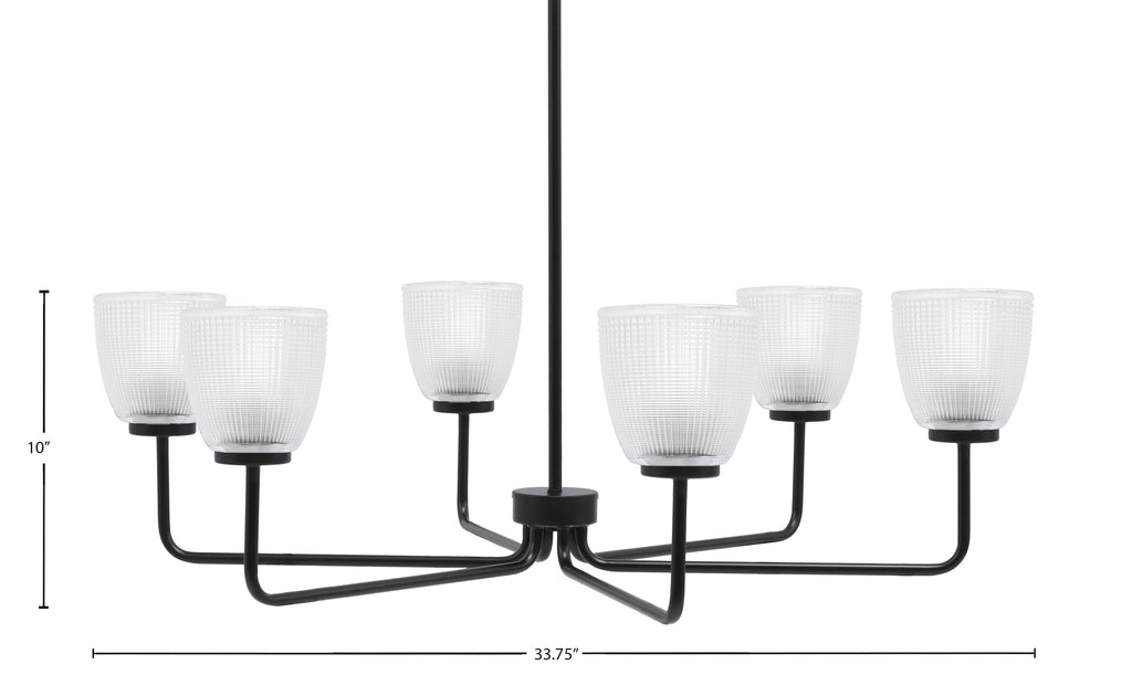 Sandia Six Light Chandelier in Matte Black with Clear Ribbed Shade