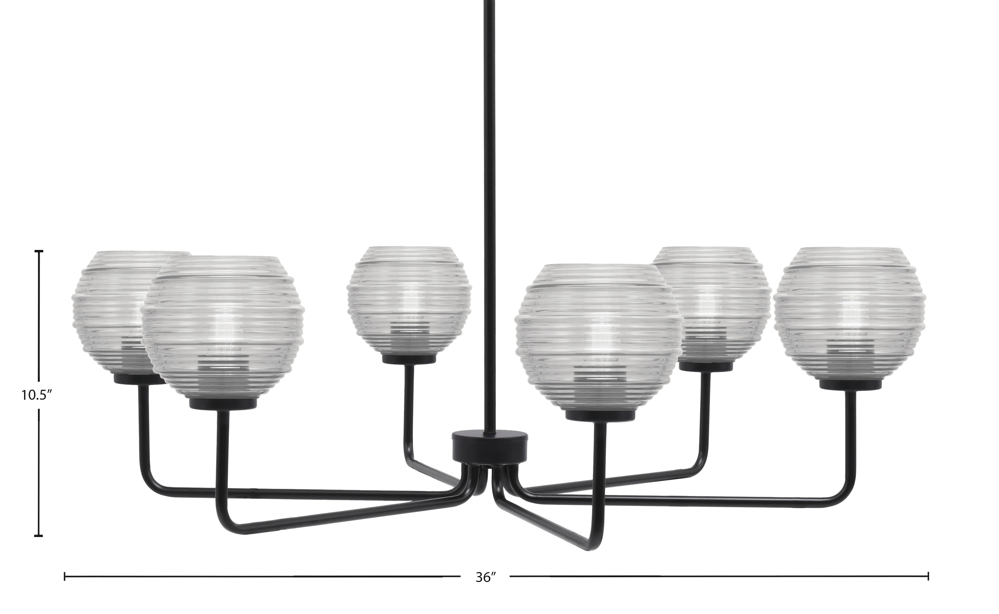 Sandia Six Light Chandelier in Matte Black with Clear Ribbed Shade