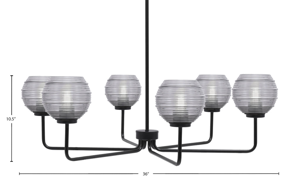 Sandia Six Light Chandelier in Matte Black with Smoke Ribbed Shade