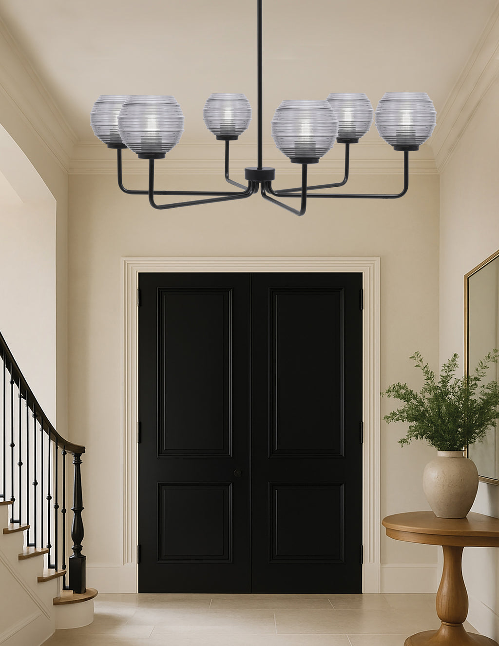 Sandia Six Light Chandelier in Matte Black with Smoke Ribbed Shade