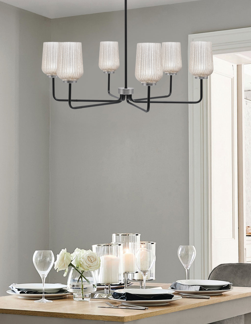 Sandia Six Light Chandelier in Matte Black & Graphite with Silver Textured Shade