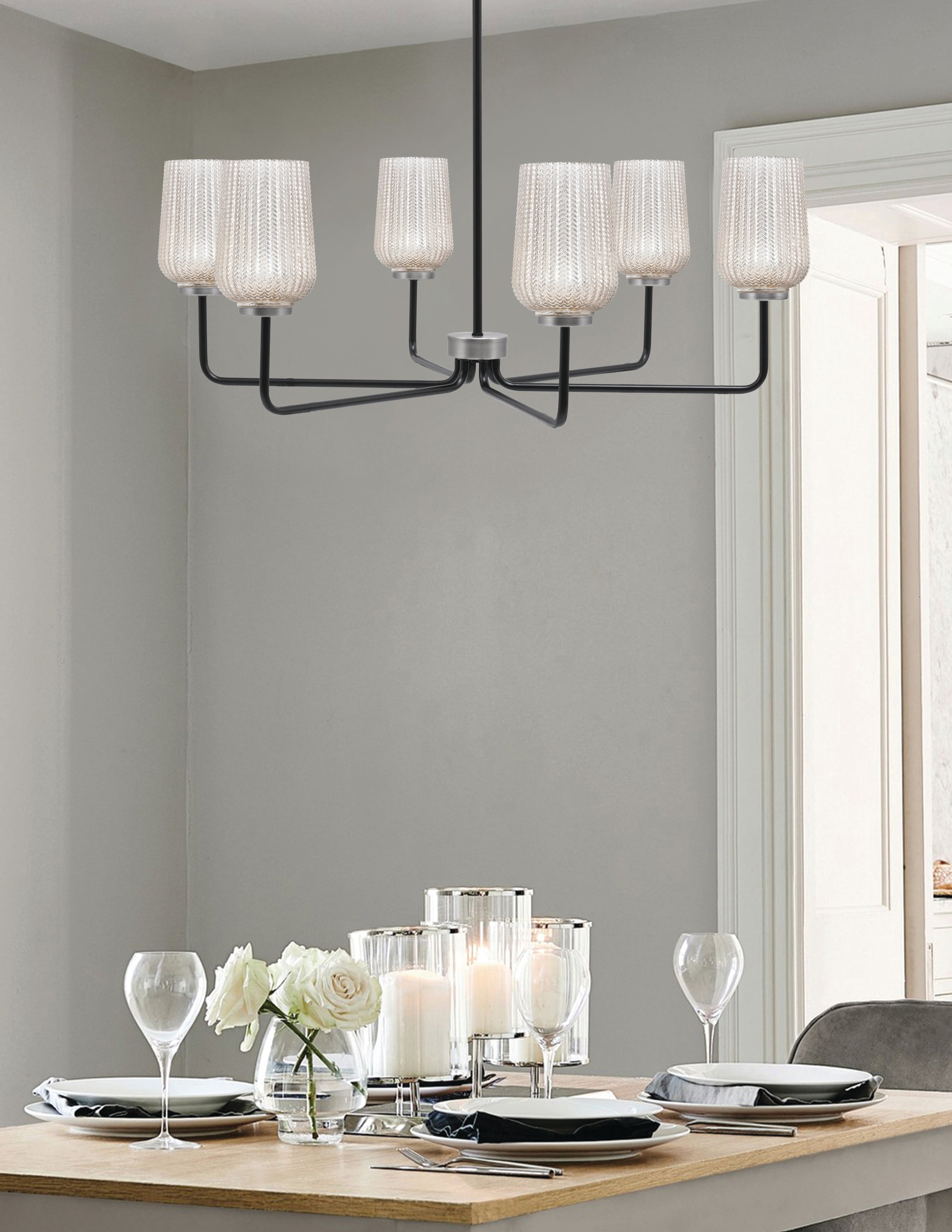 Sandia Six Light Chandelier in Matte Black & Graphite with Silver Textured Shade