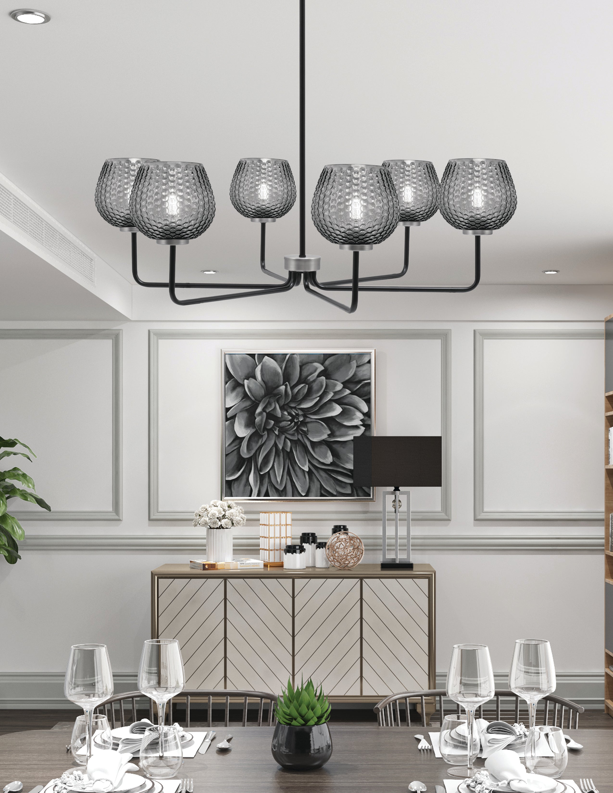 Sandia Six Light Chandelier in Matte Black & Graphite with Smoke Textured Shade