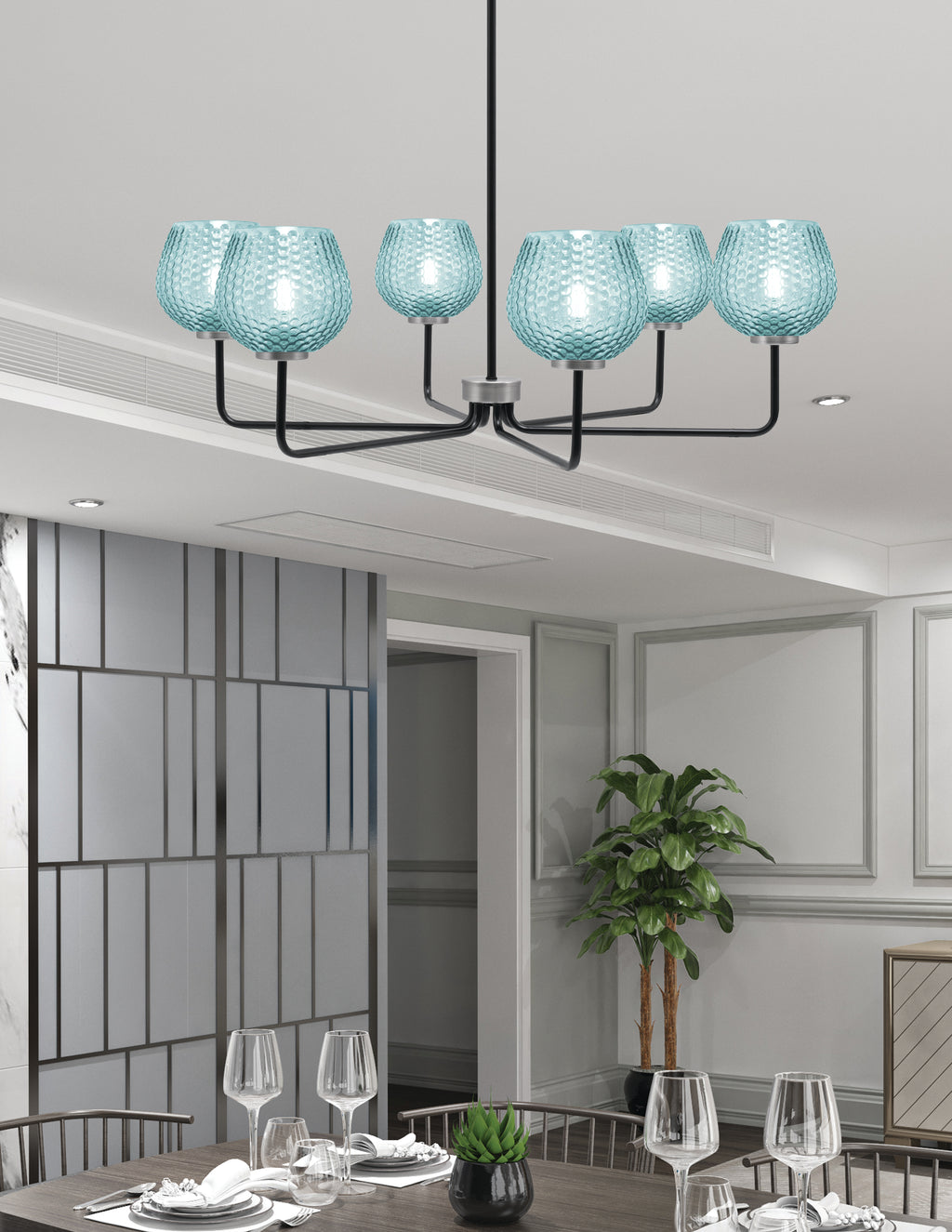 Sandia Six Light Chandelier in Matte Black & Graphite with Turquoise Textured Shade