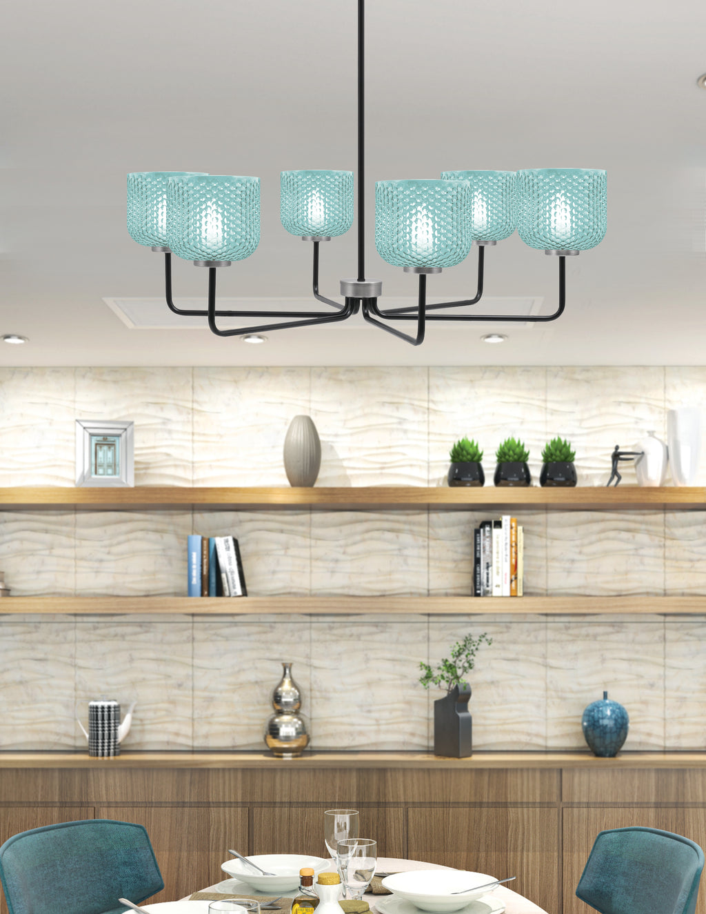Sandia Six Light Chandelier in Matte Black & Graphite with Turquoise Textured Shade