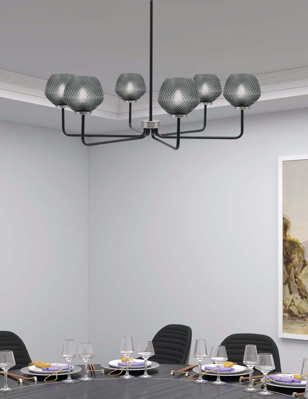 Sandia Six Light Chandelier in Matte Black & Graphite with Smoke Textured Shade