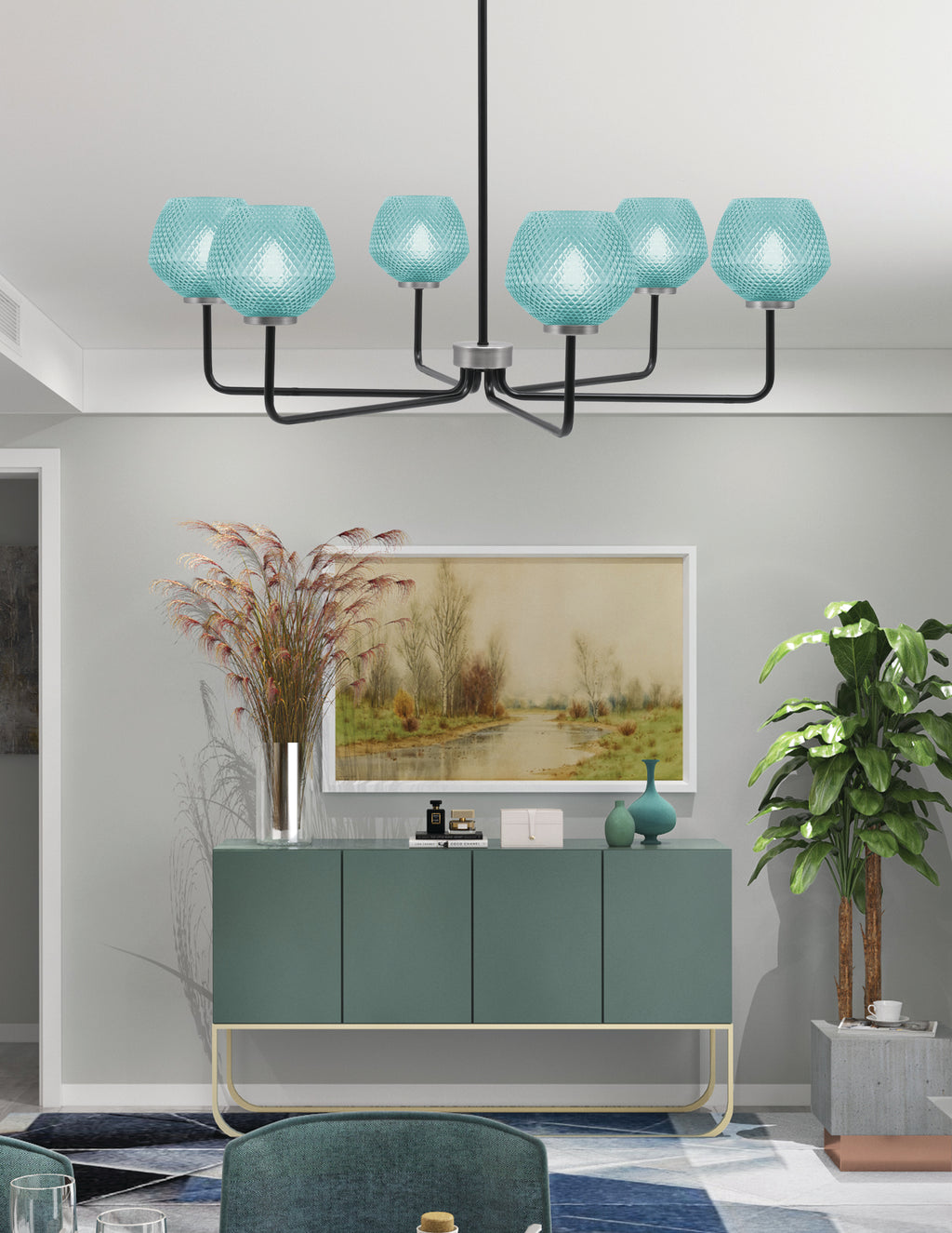 Sandia Six Light Chandelier in Matte Black & Graphite with Turquoise Textured Shade