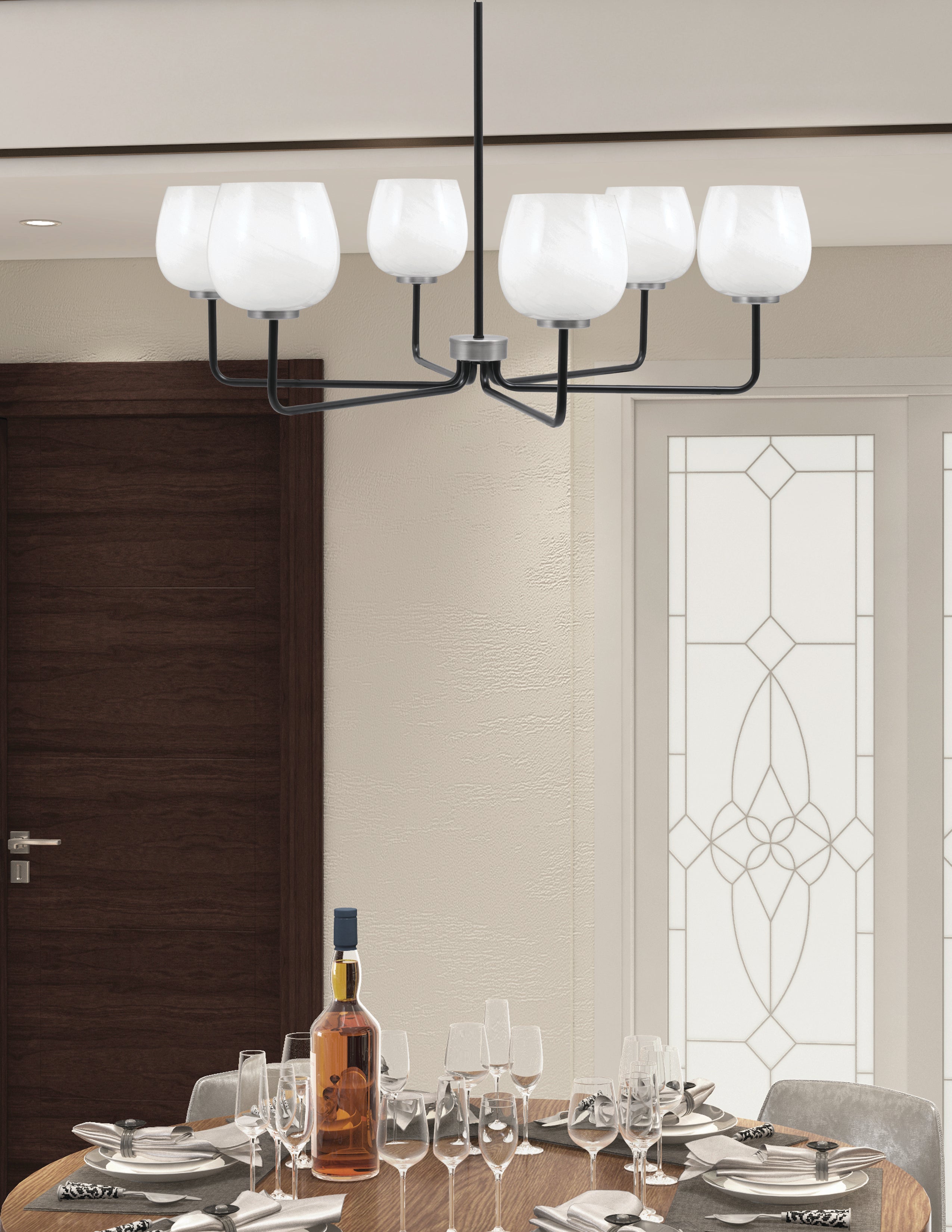 Sandia Six Light Chandelier in Matte Black & Graphite with White Marble Shade