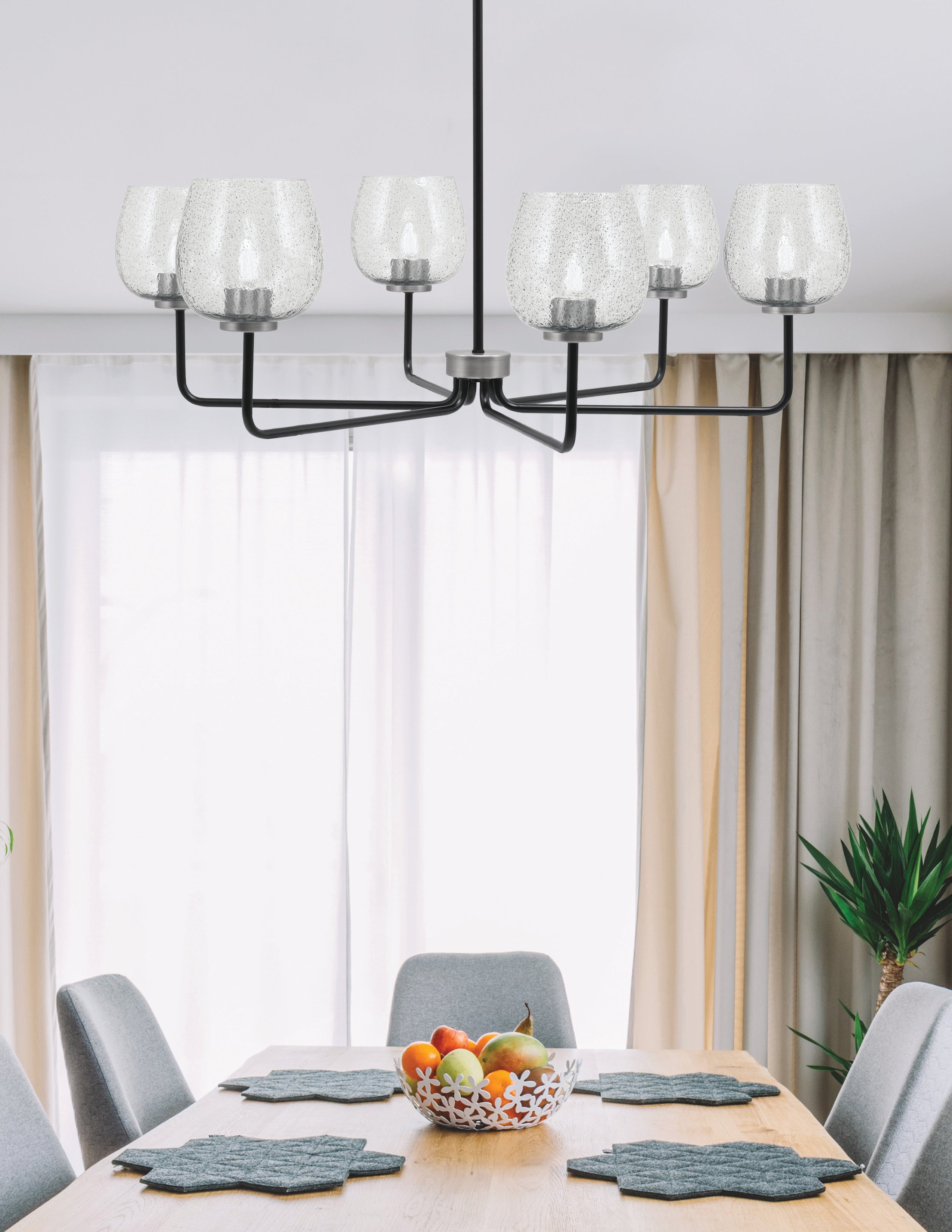 Sandia Six Light Chandelier in Matte Black & Graphite with Smoke Bubble Shade