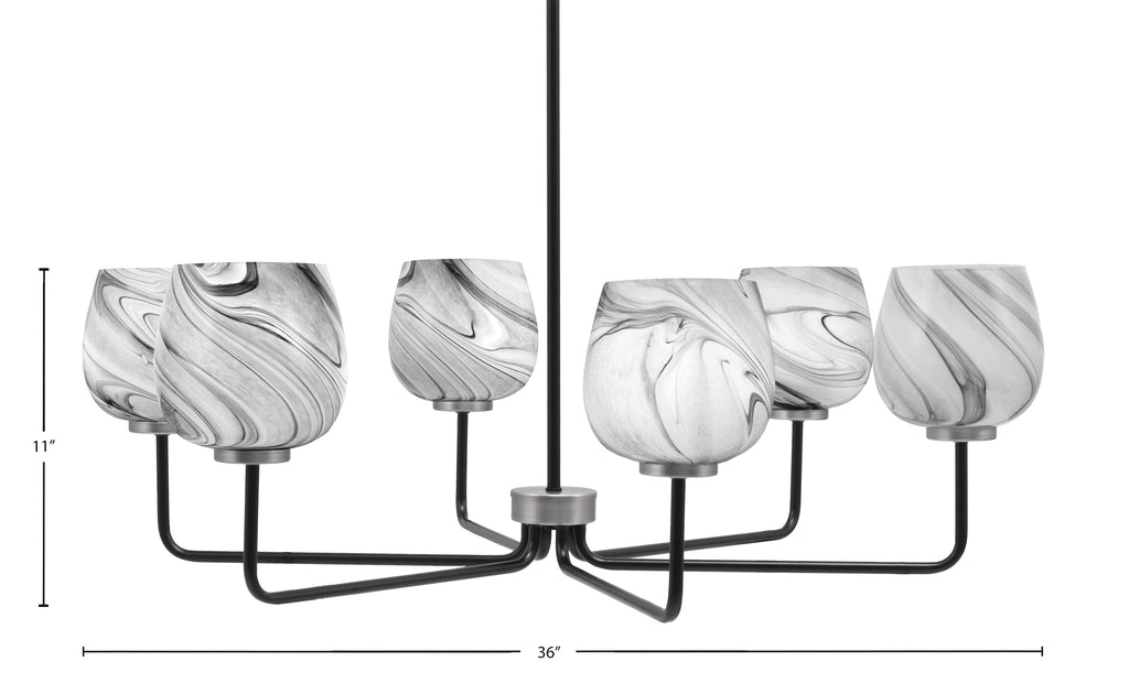 Sandia Six Light Chandelier in Matte Black & Graphite with Onyx Swirl Shade