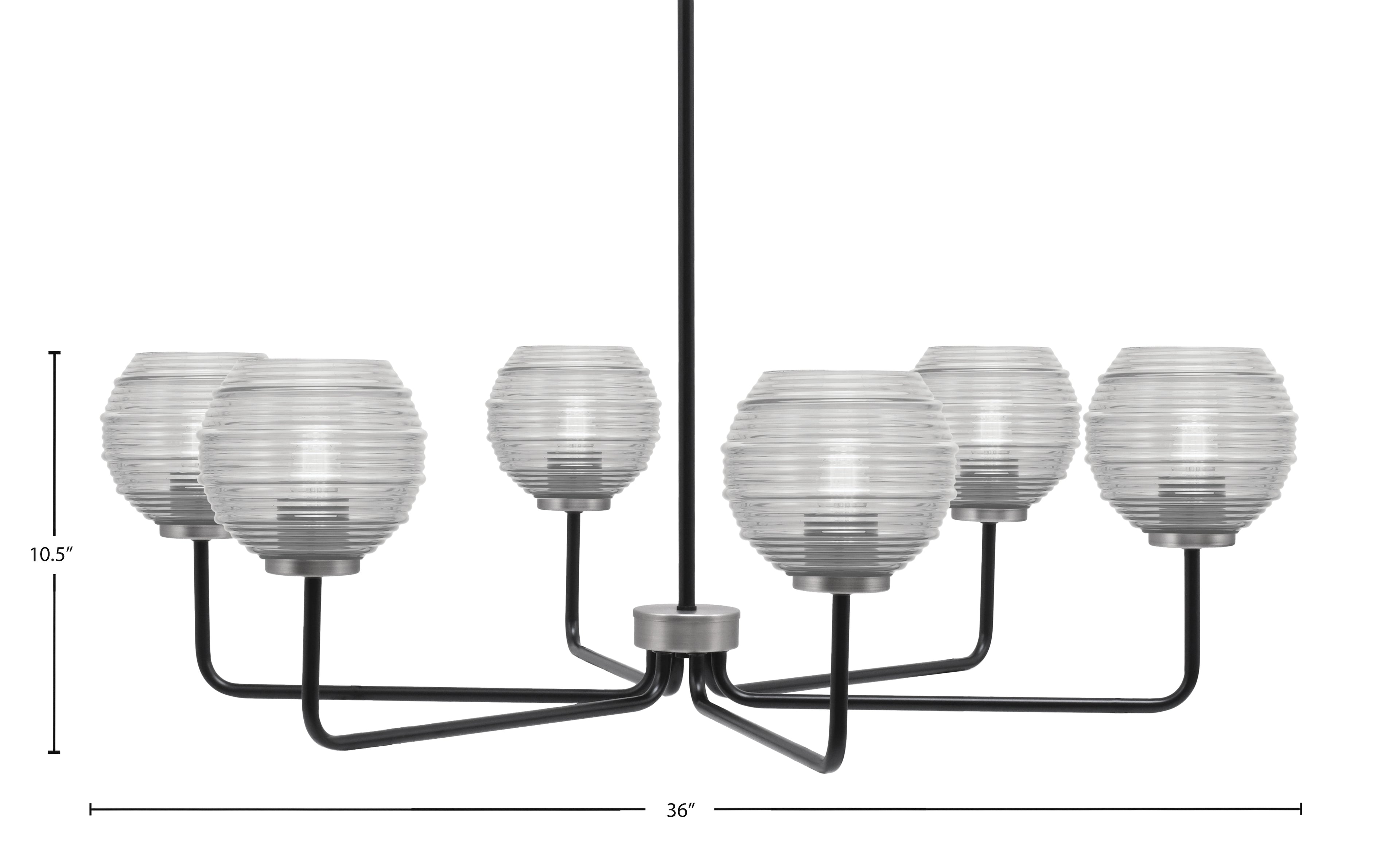 Sandia Six Light Chandelier in Matte Black & Graphite with Clear Ribbed Shade