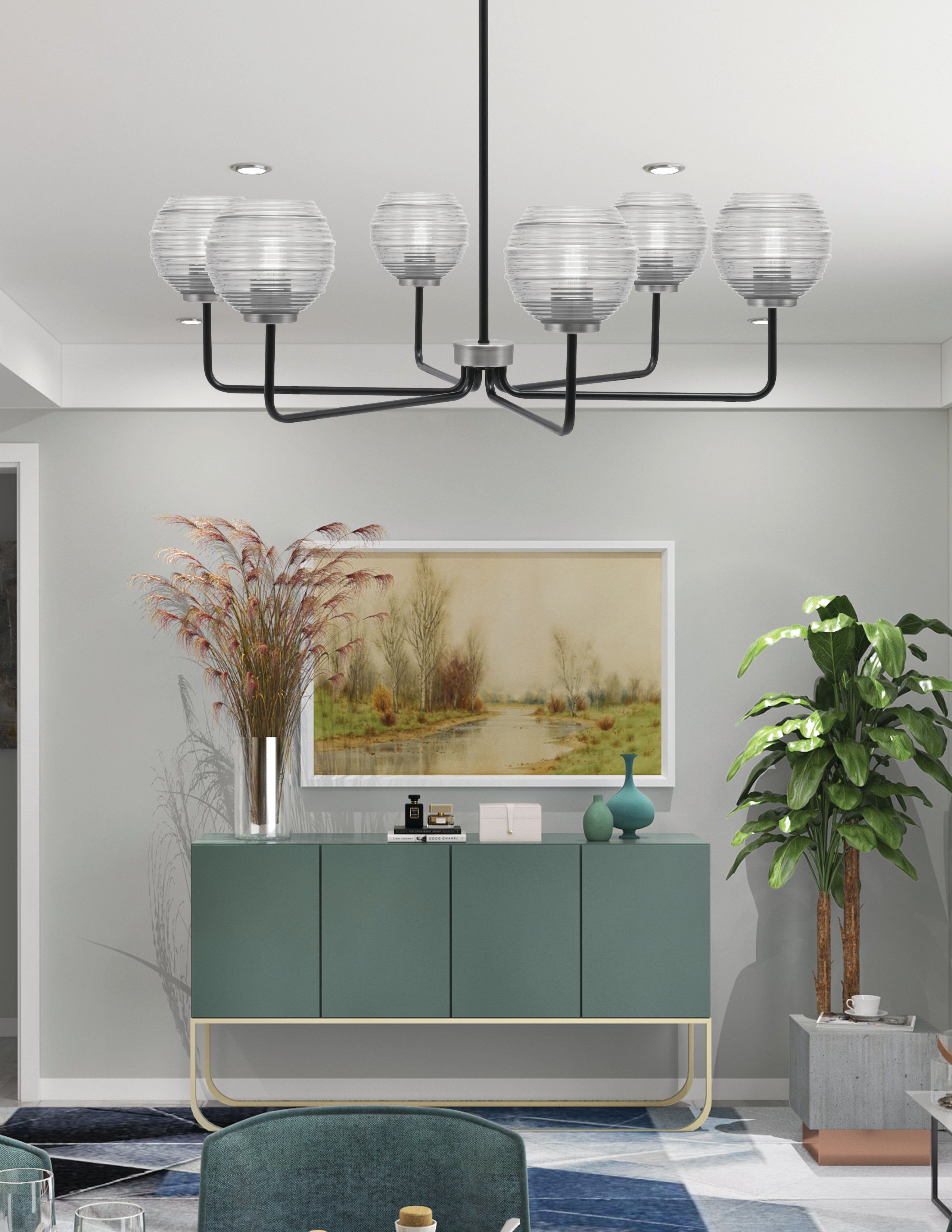 Sandia Six Light Chandelier in Matte Black & Graphite with Clear Ribbed Shade