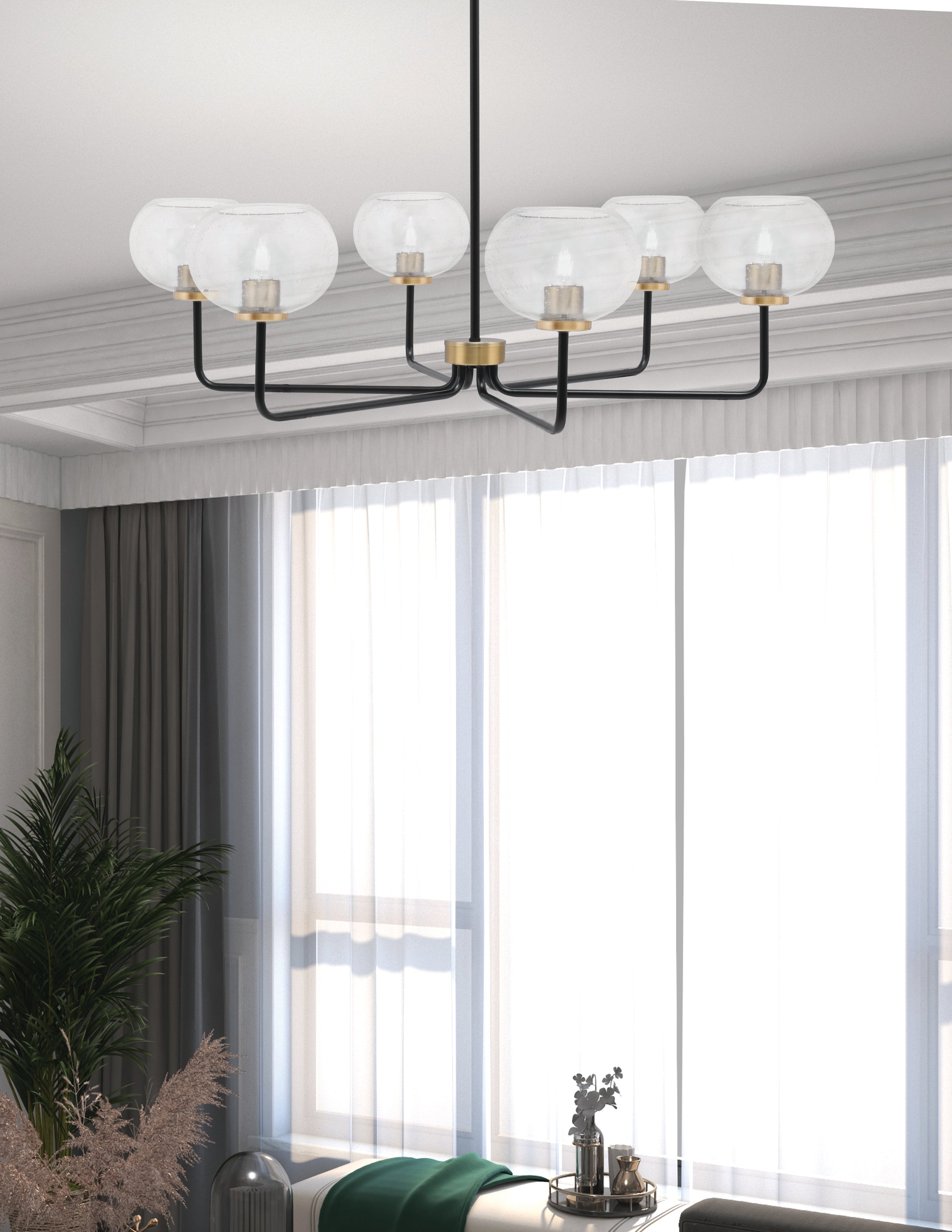Sandia Six Light Chandelier in Matte Black & New Age Brass with Clear Bubble Shade