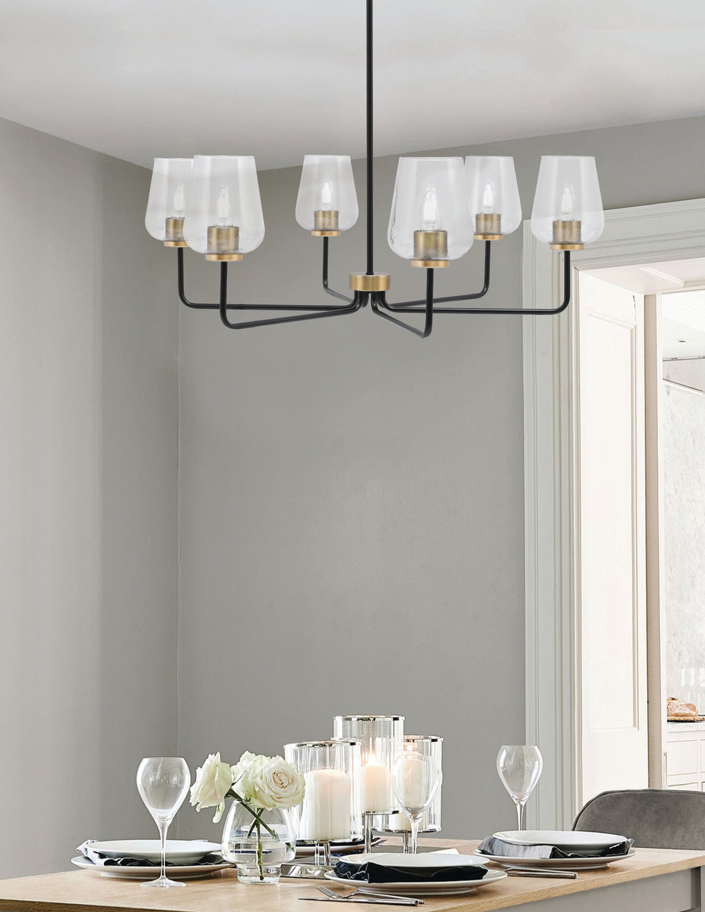 Sandia Six Light Chandelier in Matte Black & New Age Brass with Clear Bubble Shade