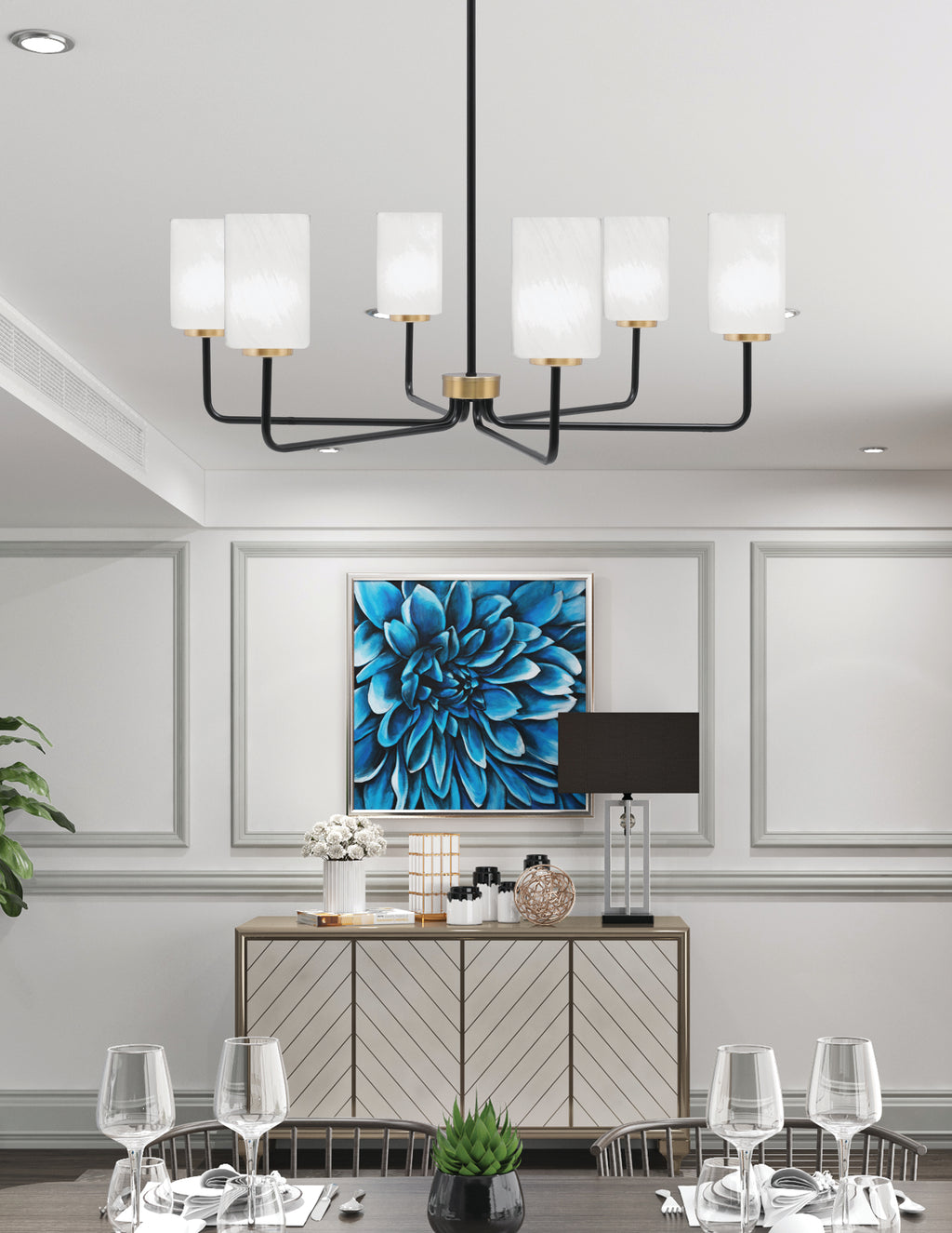 Sandia Six Light Chandelier in Matte Black & New Age Brass with White Marble Shade