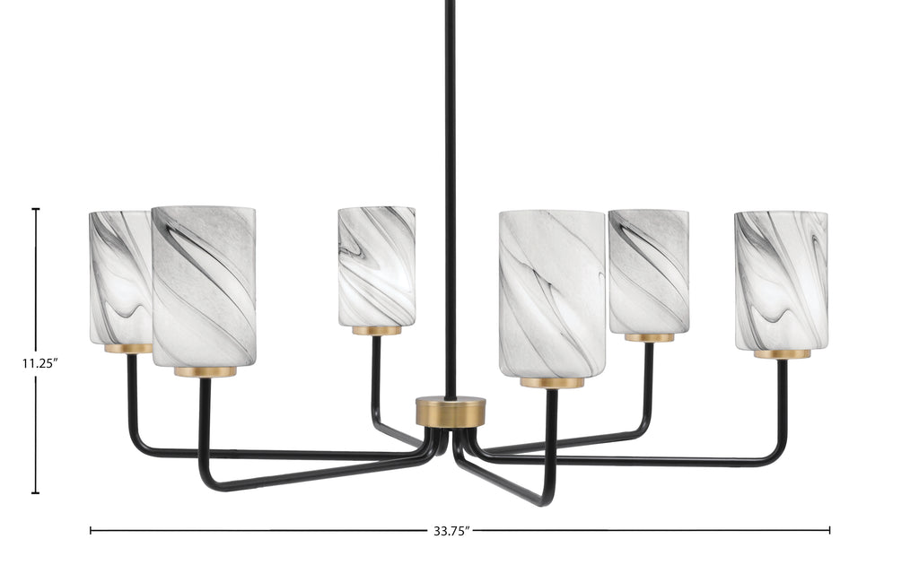 Sandia Six Light Chandelier in Matte Black & New Age Brass with Onyx Swirl Shade