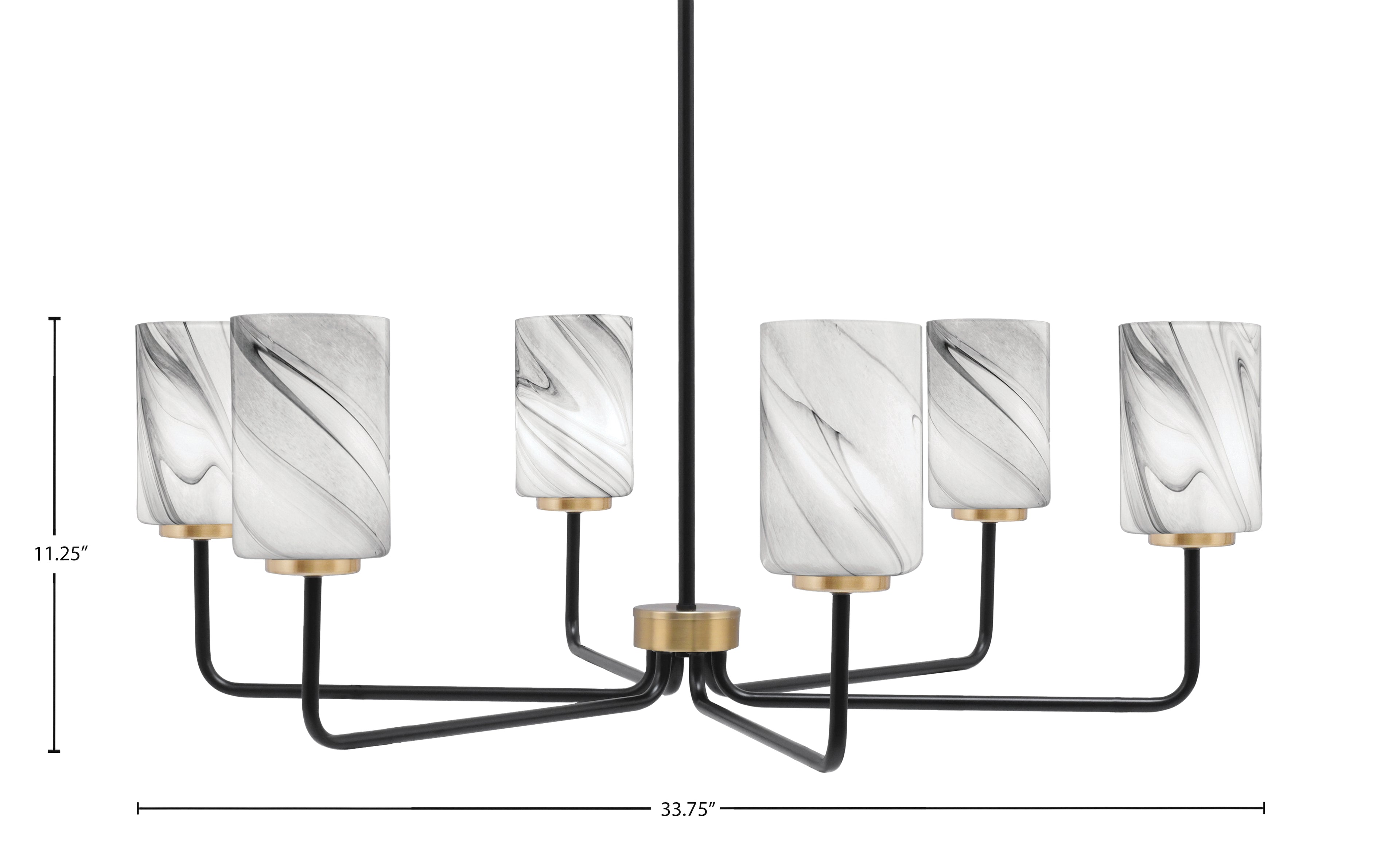 Sandia Six Light Chandelier in Matte Black & New Age Brass with Onyx Swirl Shade