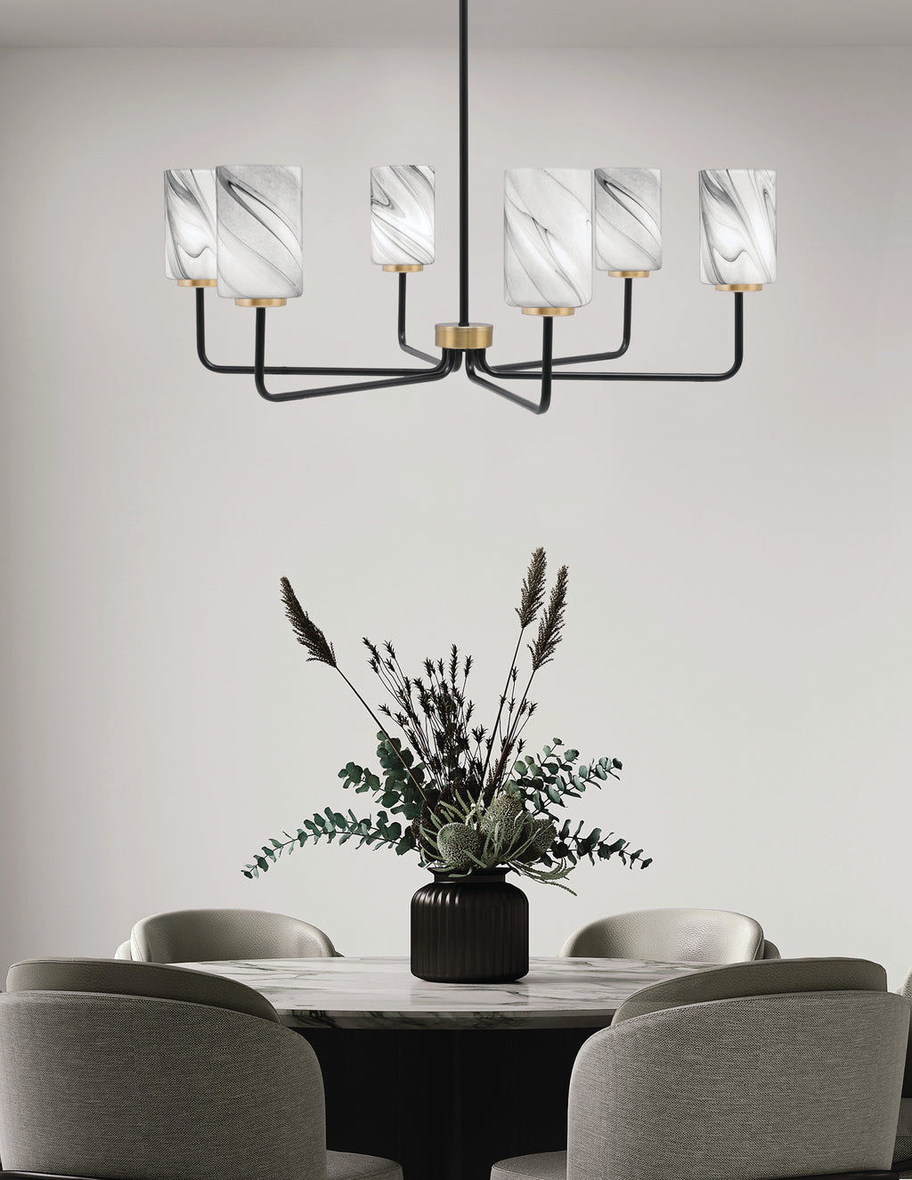 Sandia Six Light Chandelier in Matte Black & New Age Brass with Onyx Swirl Shade
