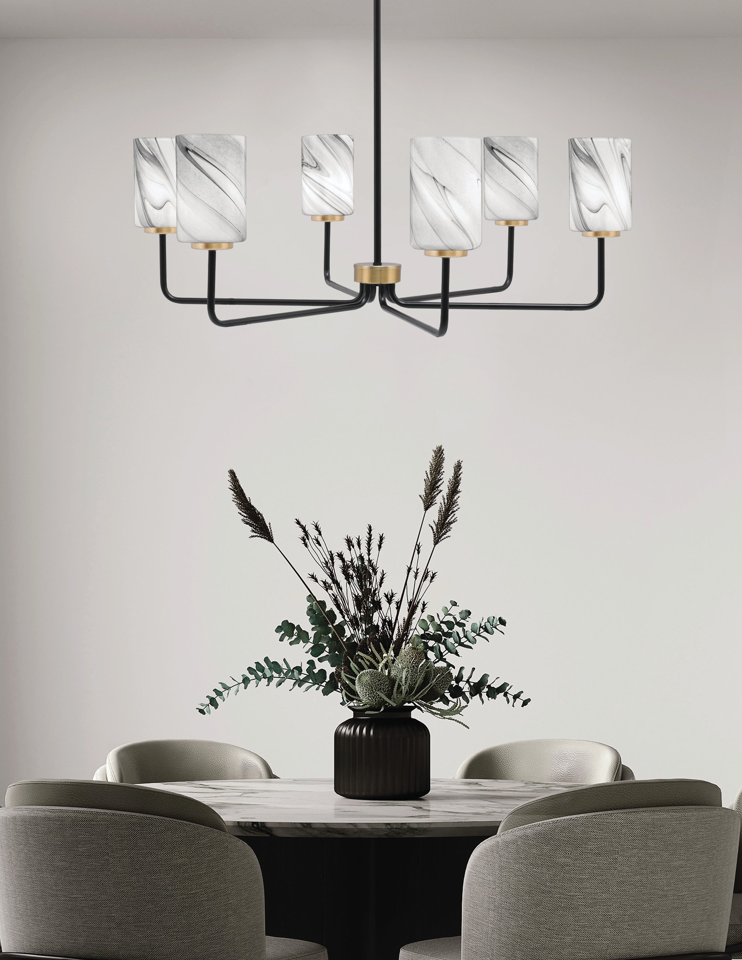 Sandia Six Light Chandelier in Matte Black & New Age Brass with Onyx Swirl Shade